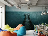 Seaside pier wall mural in dining area, coastal style decor, soft light and clean lines