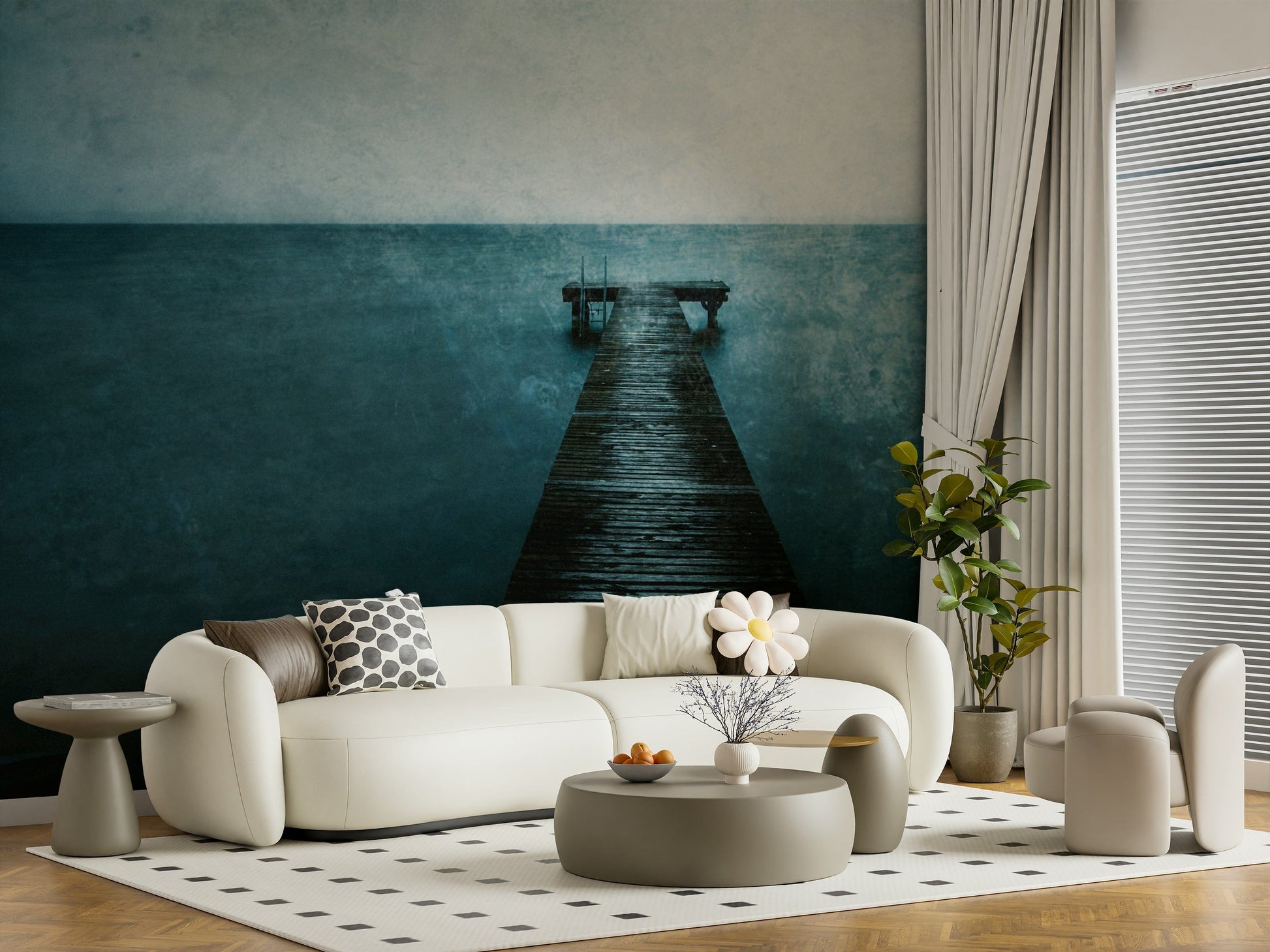 Ocean pier landscape wallpaper in bedroom, neutral bedding, cool color palette, feature wall
