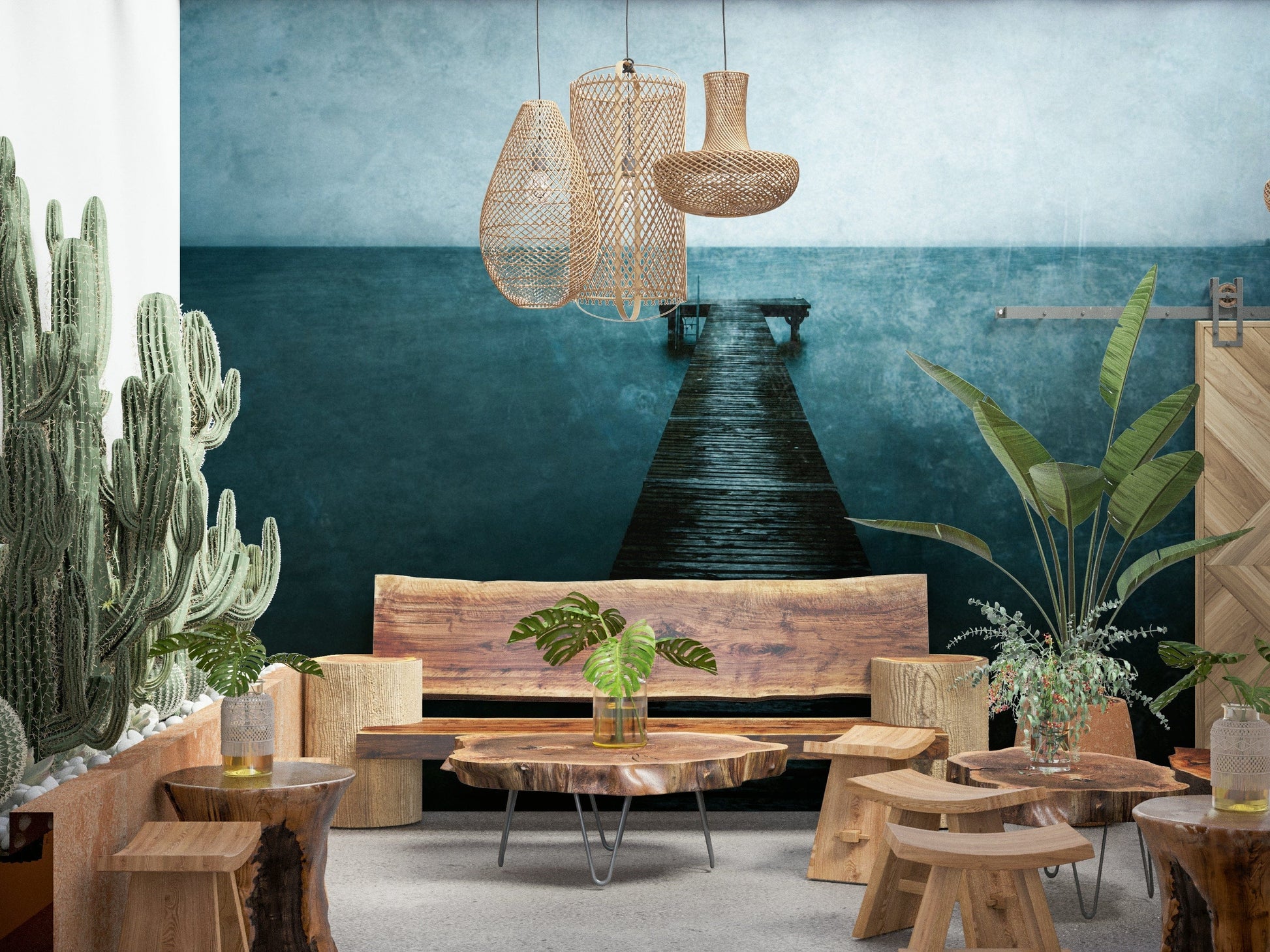 Pier's Edge Wall Mural behind sofa, minimalist apartment wall decor, seaside photography look