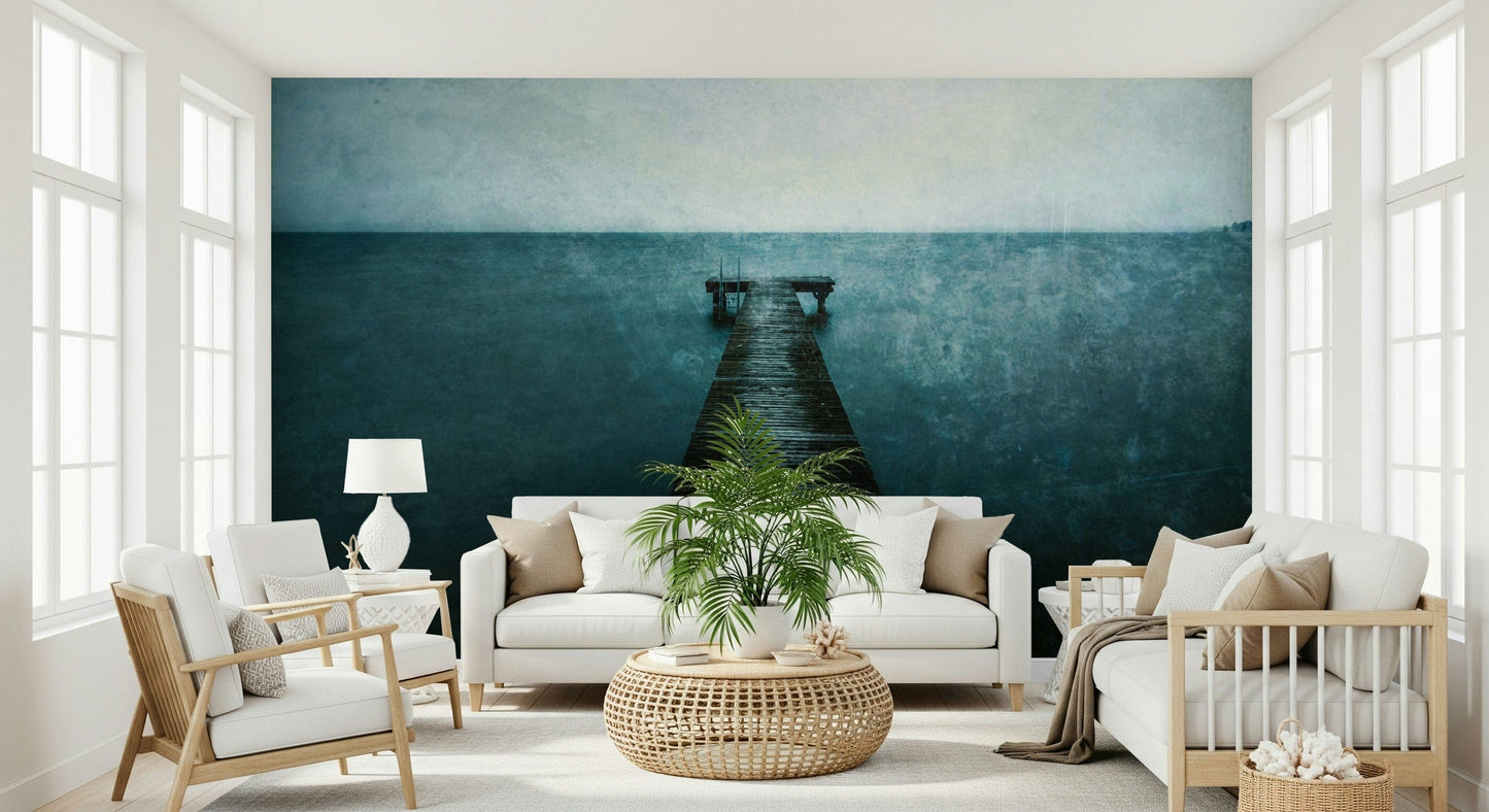Scenic pier wall mural in workspace, matte-look finish, modern coastal wall decor
