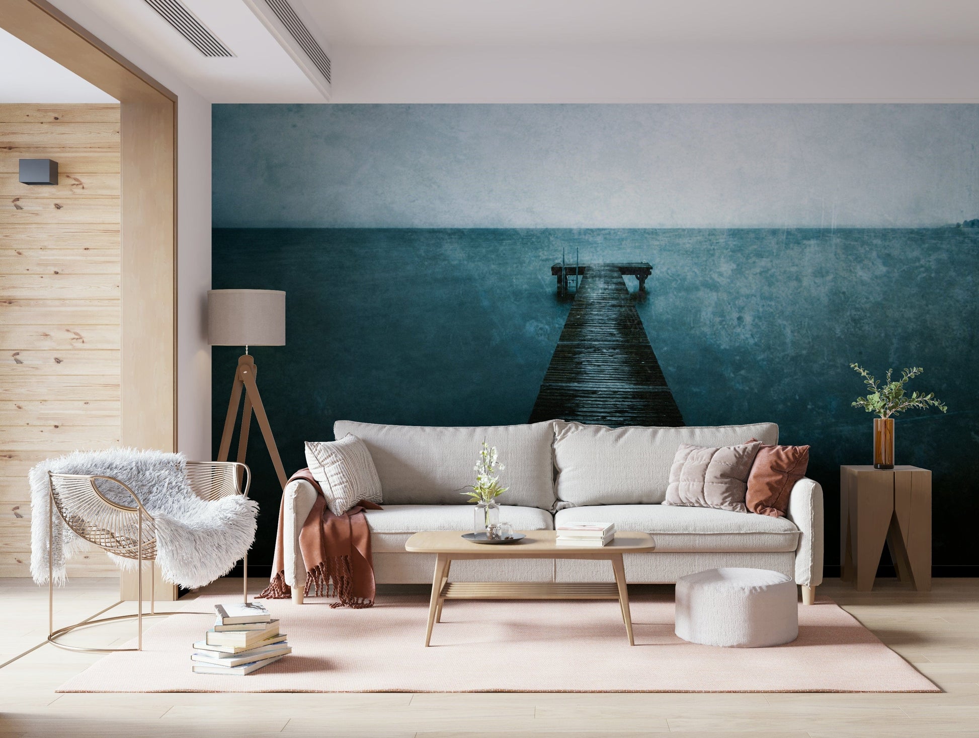 Pier stretching into ocean mural for hallway, blue-gray color scheme, modern wall decor