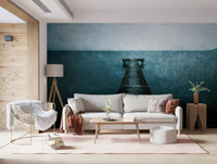 Pier stretching into ocean mural for hallway, blue-gray color scheme, modern wall decor