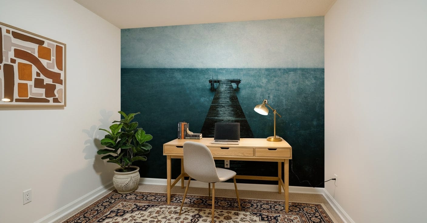 Pier's Edge Wall Mural in reading nook, light wood furniture, calm coastal scene