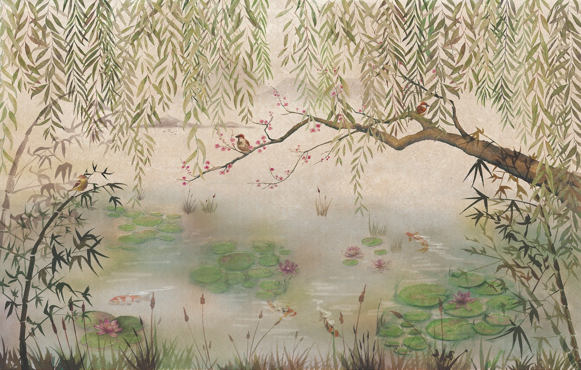 Green Hanging Leaves and Birds Wallpaper Murals in your room — zoomed