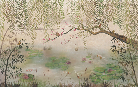 Green Hanging Leaves and Birds wallpaper mural shown as a full feature wall that highlights the design