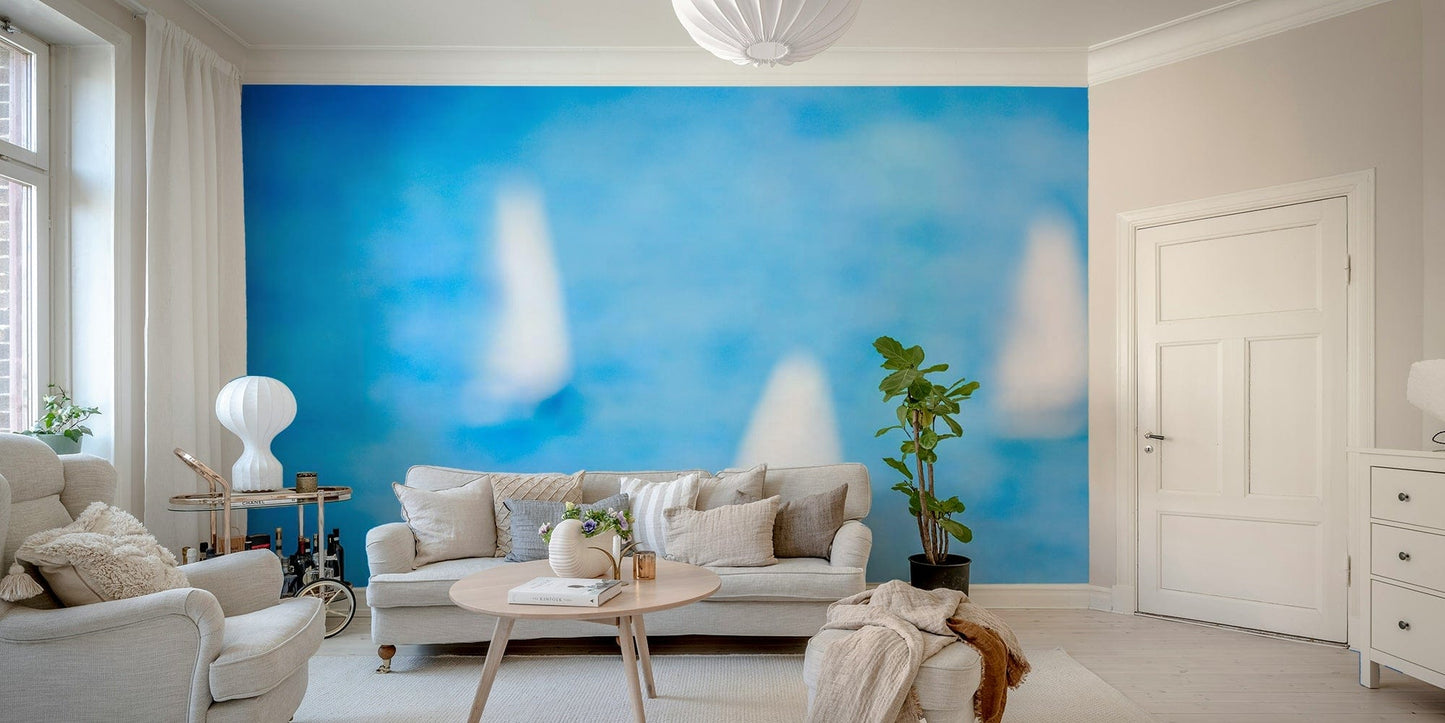 A peaceful coastal vista mural on decorative wallpaper.

