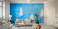 A peaceful coastal vista mural on decorative wallpaper.

