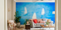 A beautiful three sailboat wallpaper mural on the ocean.

