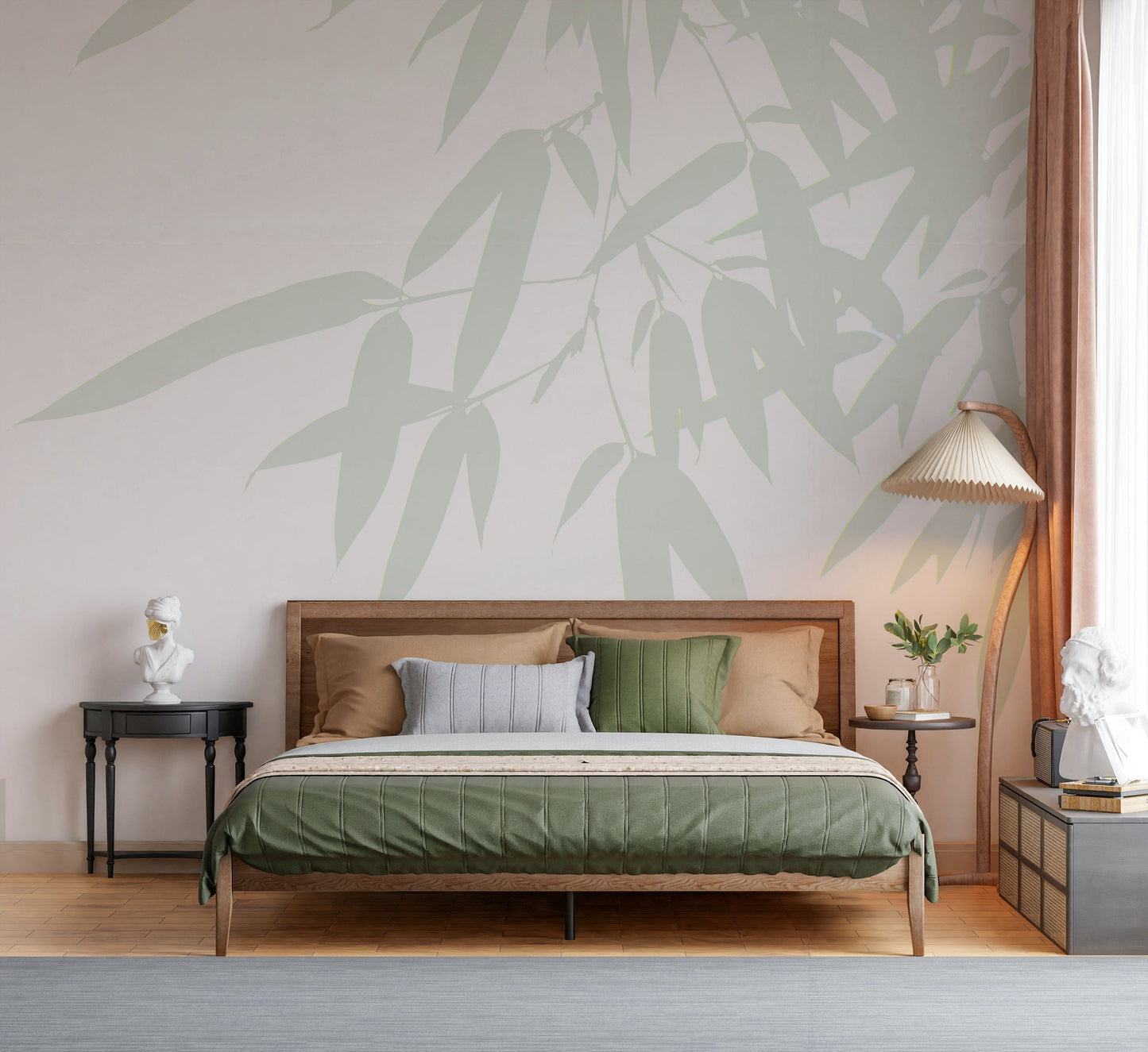 Elegant bamboo leaves cascading across a minimalist wallpaper for a peaceful modern look.