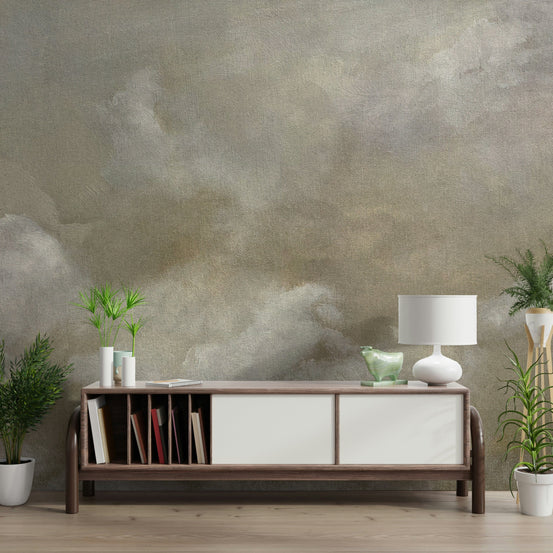 Ethereal Texture wallpaper mural of soft beige clouds behind a walnut media console and white lamp in a living room