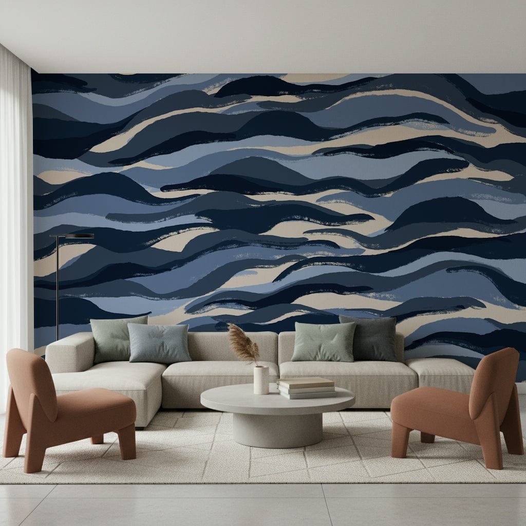 A peaceful modern abstract mural on decorative wallpaper.