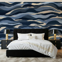 A beautiful abstract coastal wallpaper mural in deep, tranquil blue tones.