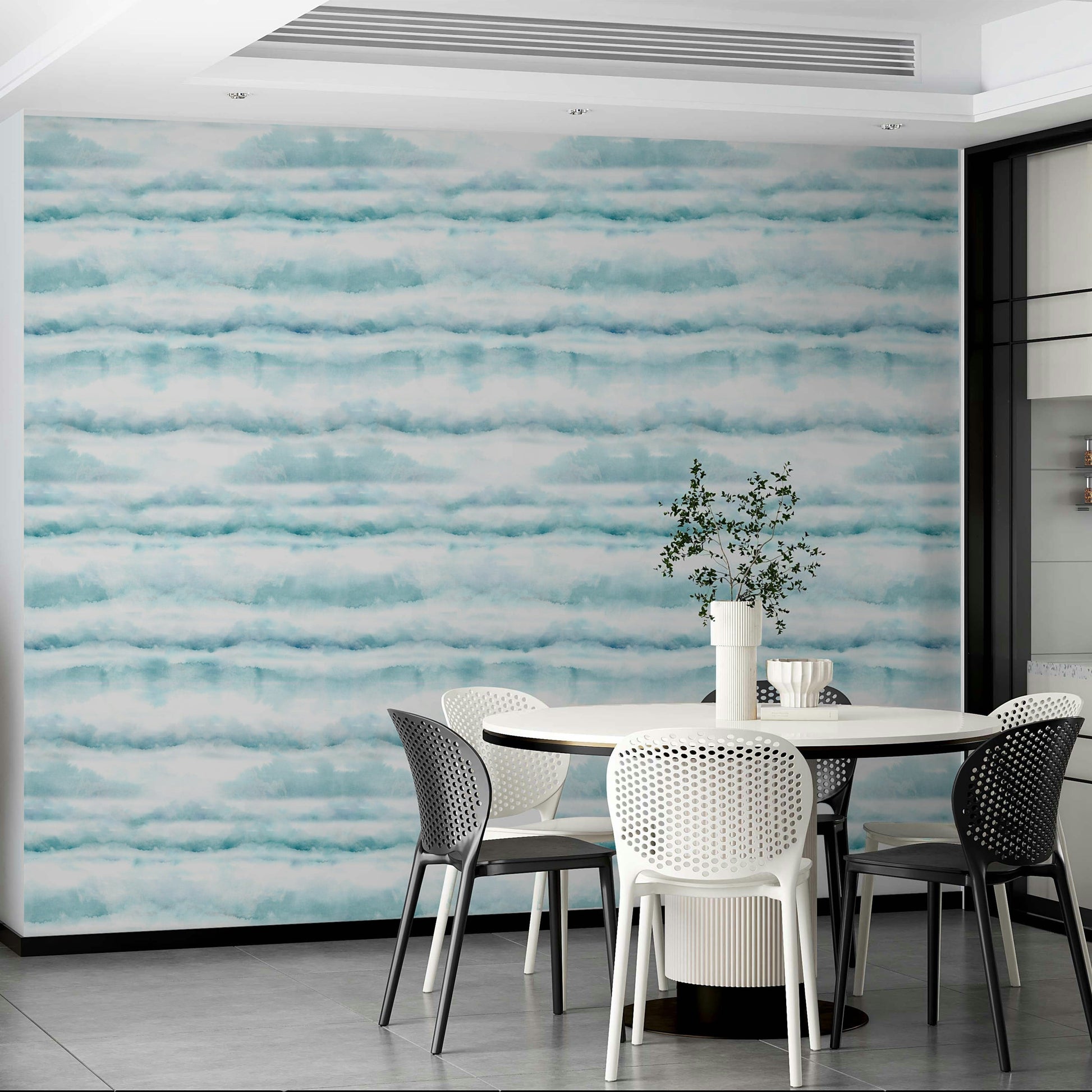 Blue Watercolor Clouds Wallpaper on a bedroom wall

