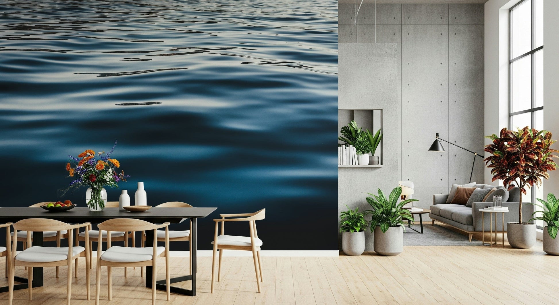 Ocean-inspired Deep Blue Waters Wall Mural combining depth, texture, and rich blue tones for stylish décor.