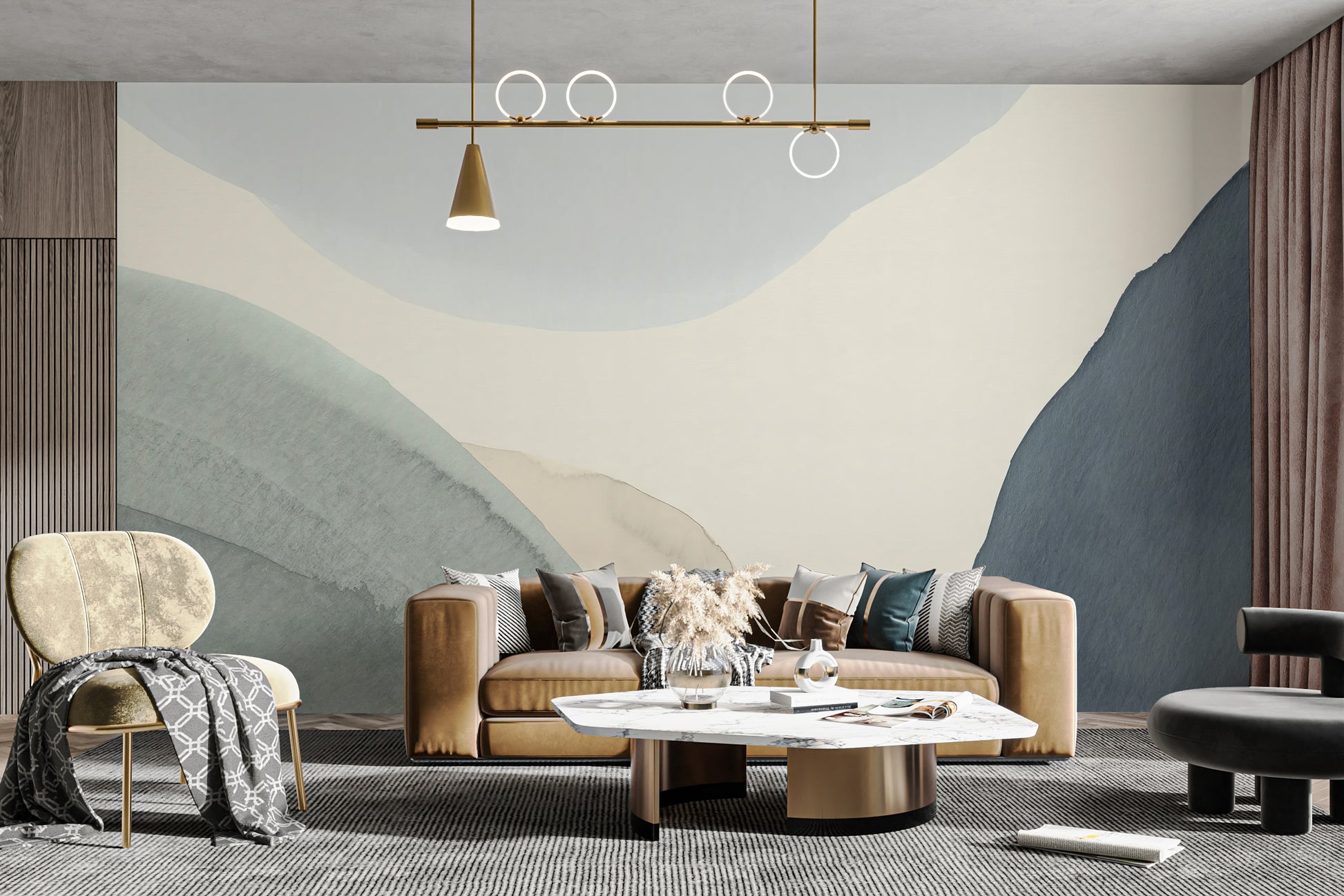 Calming Contours wallpaper mural of layered blue and cream forms behind a tan sofa in a modern living room