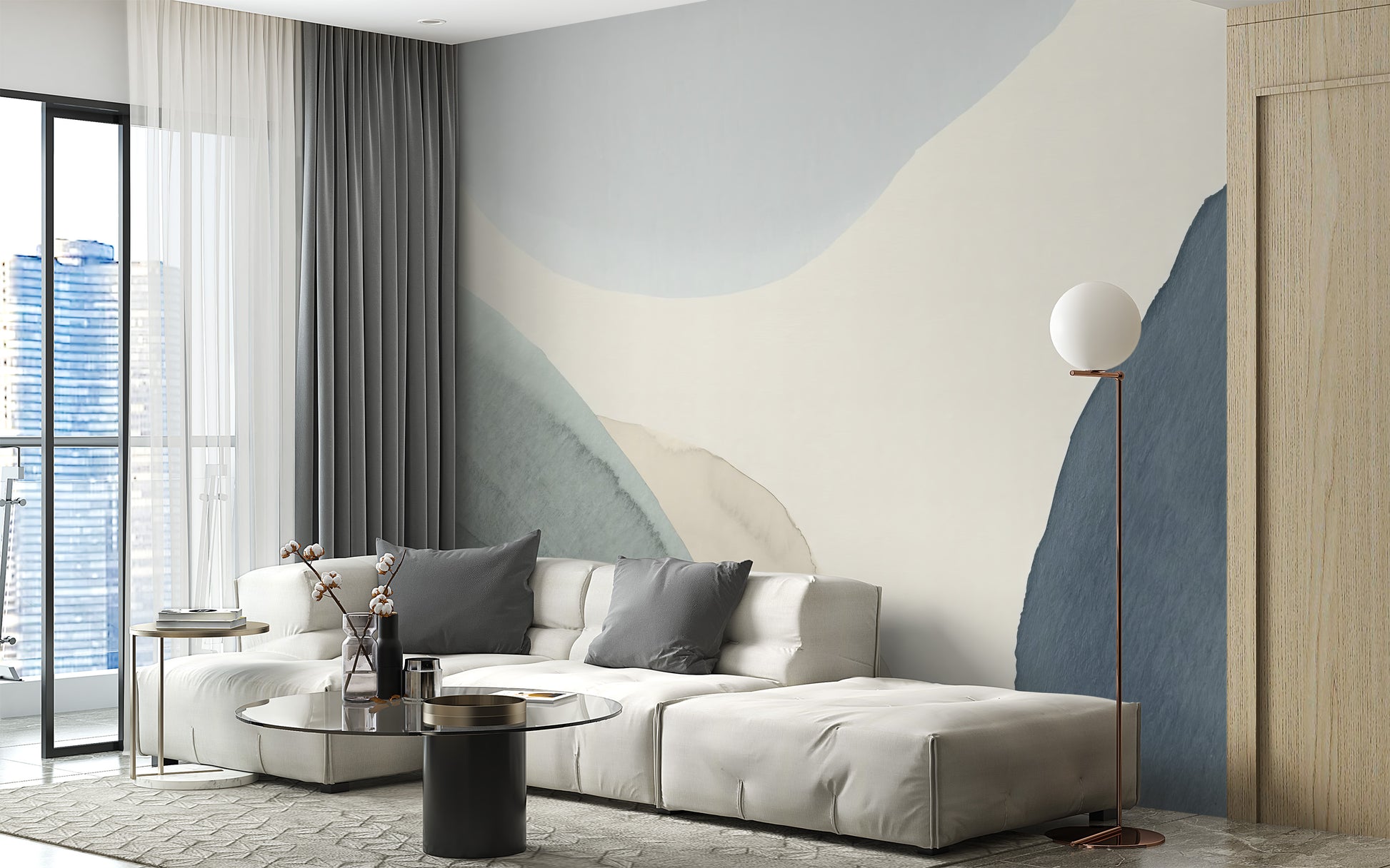Calming Contours wallpaper mural of muted contour shapes behind a cream sofa in a city-view living room