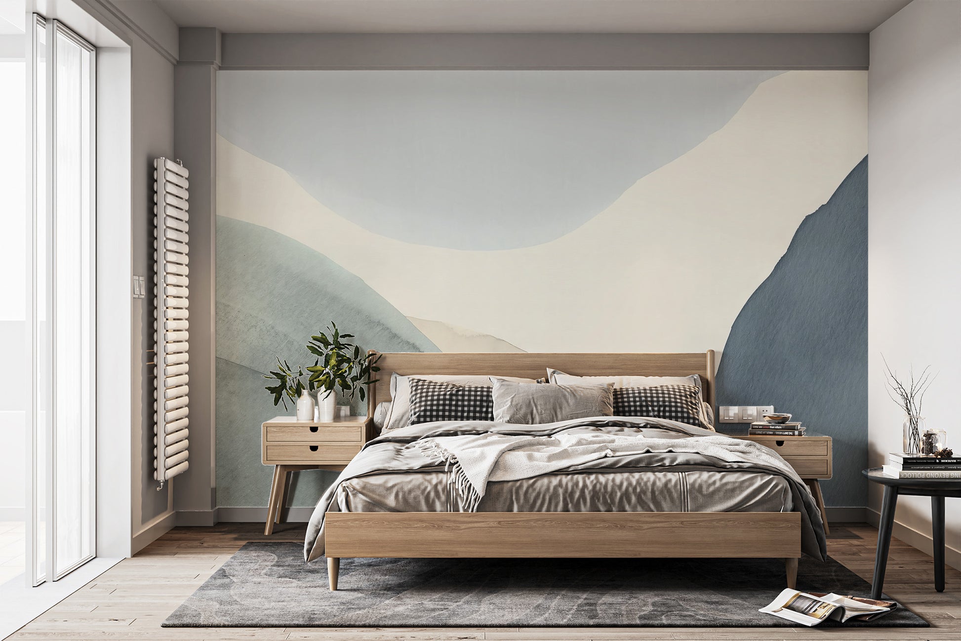 Calming Contours wallpaper mural of soft blue and green wave shapes behind a wood bed in a serene bedroom