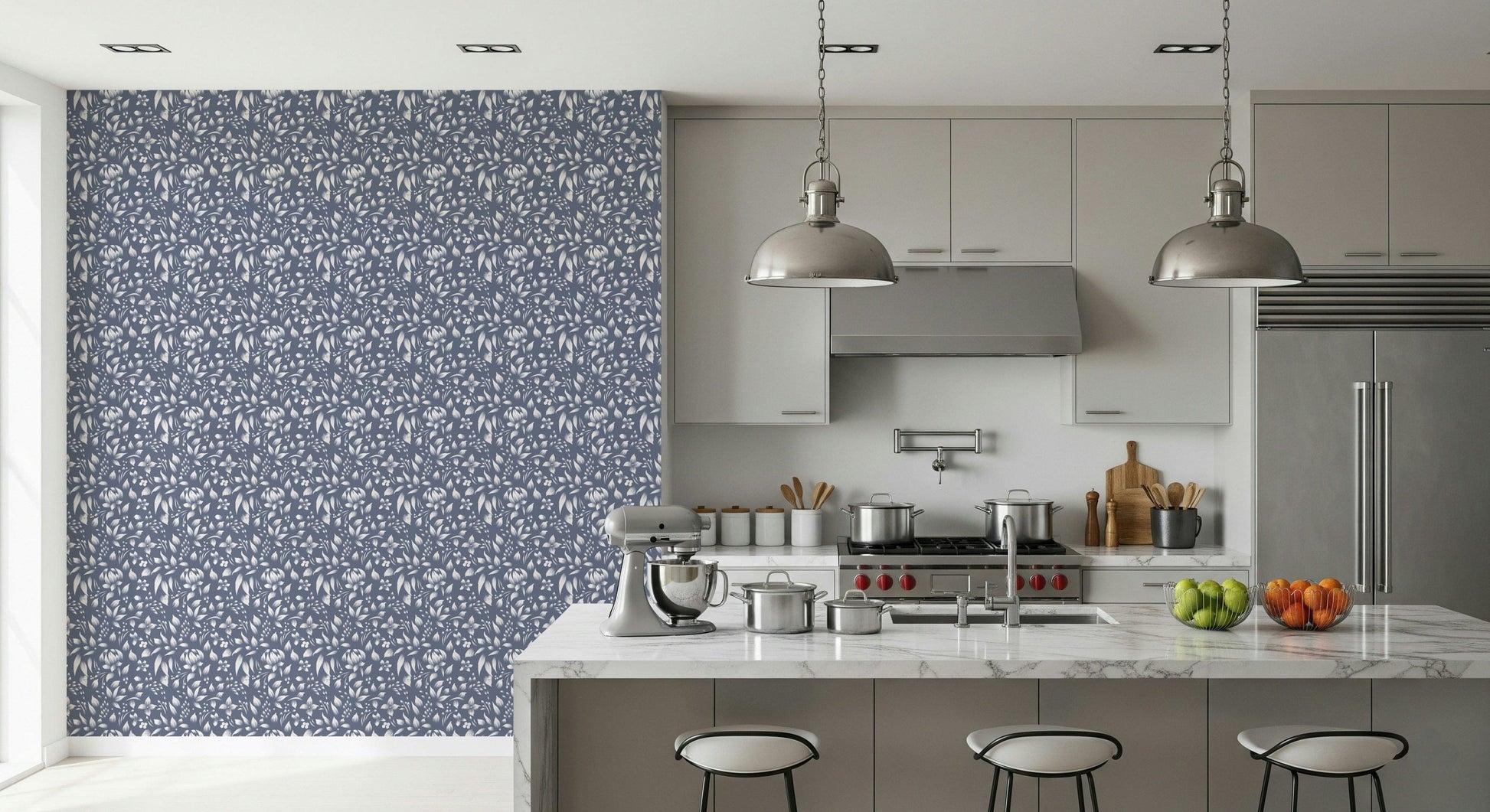 Nature-inspired wallpaper with gentle, hand-drawn foliage in a uniform pattern.