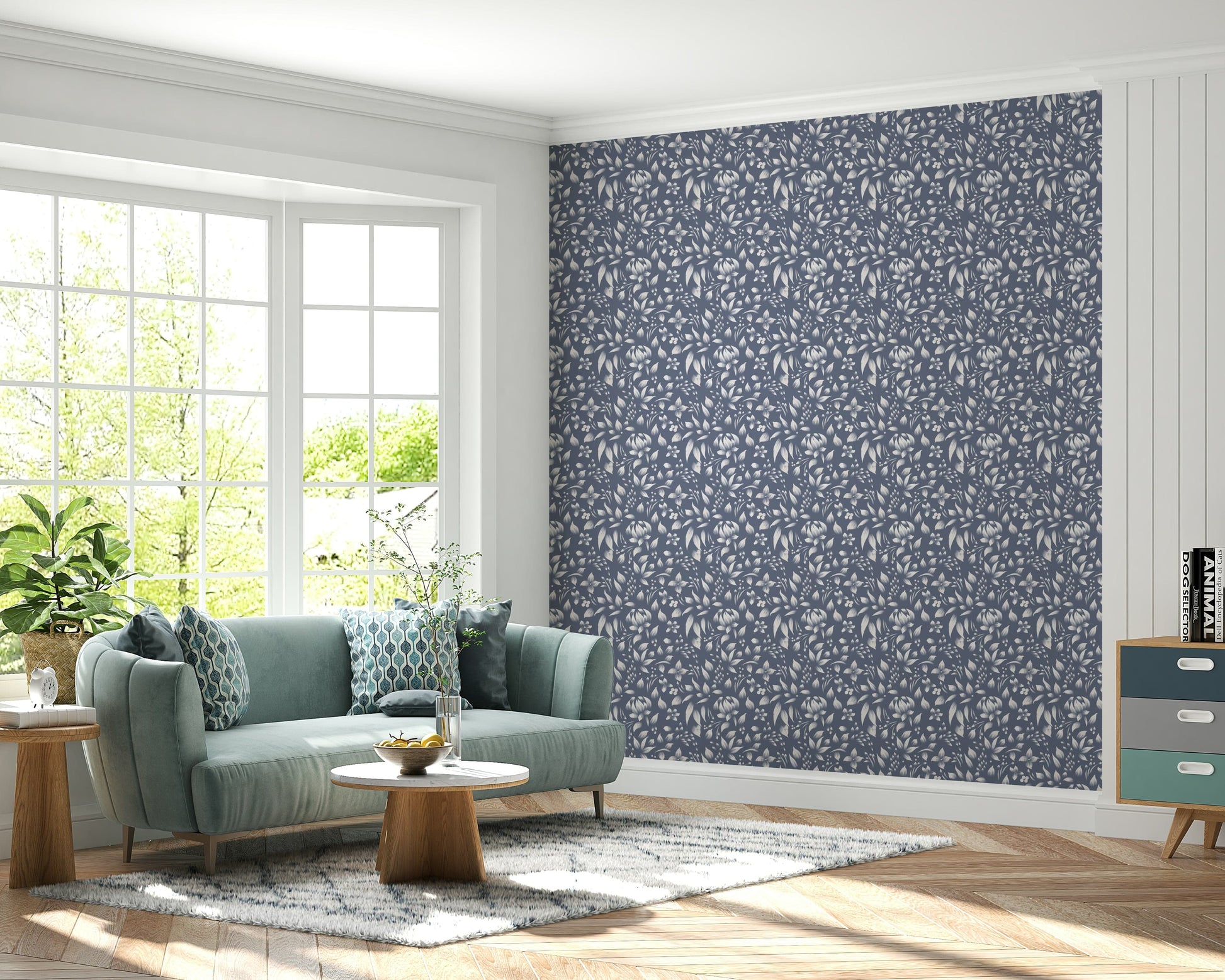 Repeating leaf motif wallpaper in soothing gray and cream tones for a serene look.