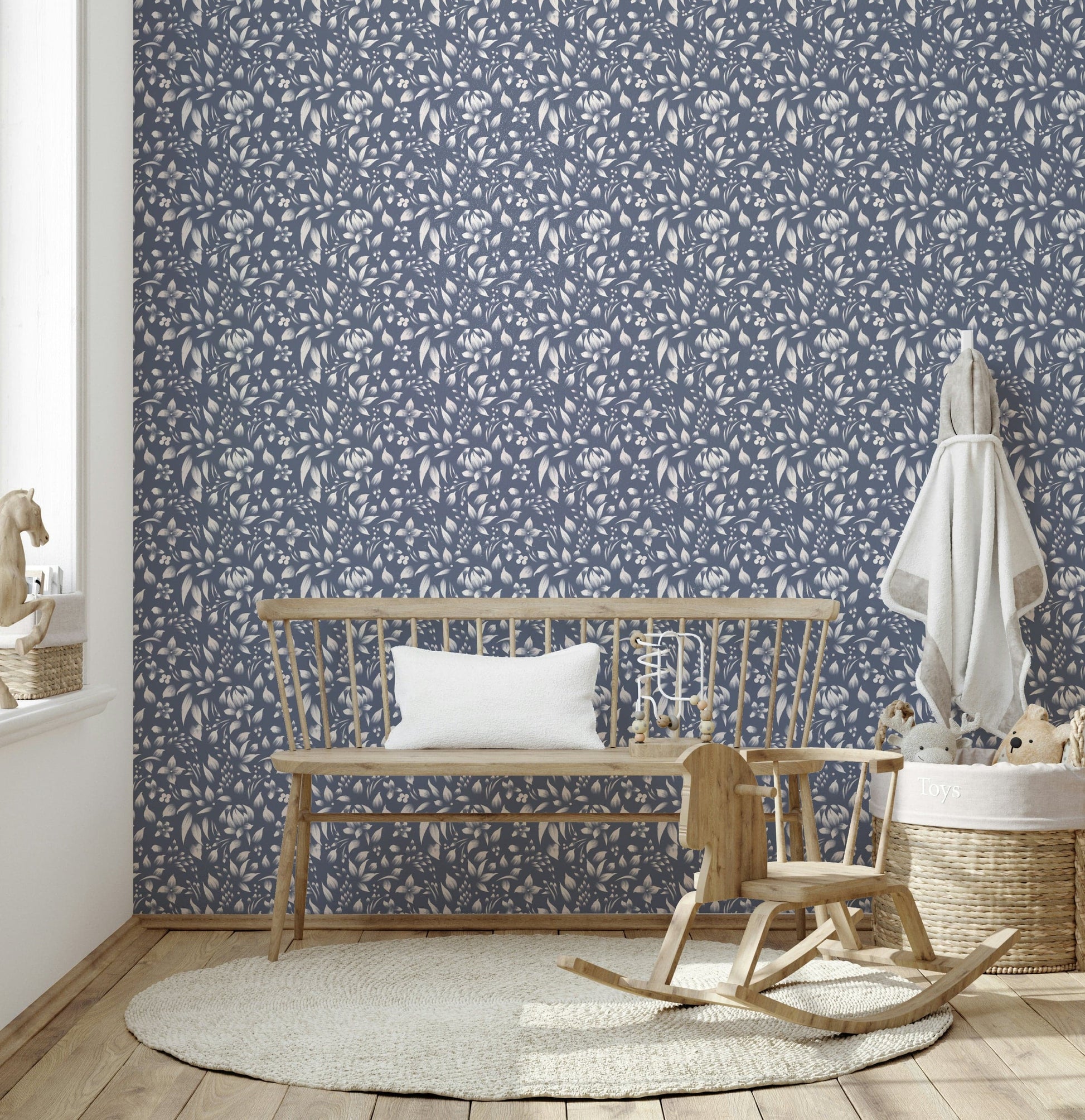Subtle botanical wallpaper design with delicate leaves arranged in a seamless pattern.