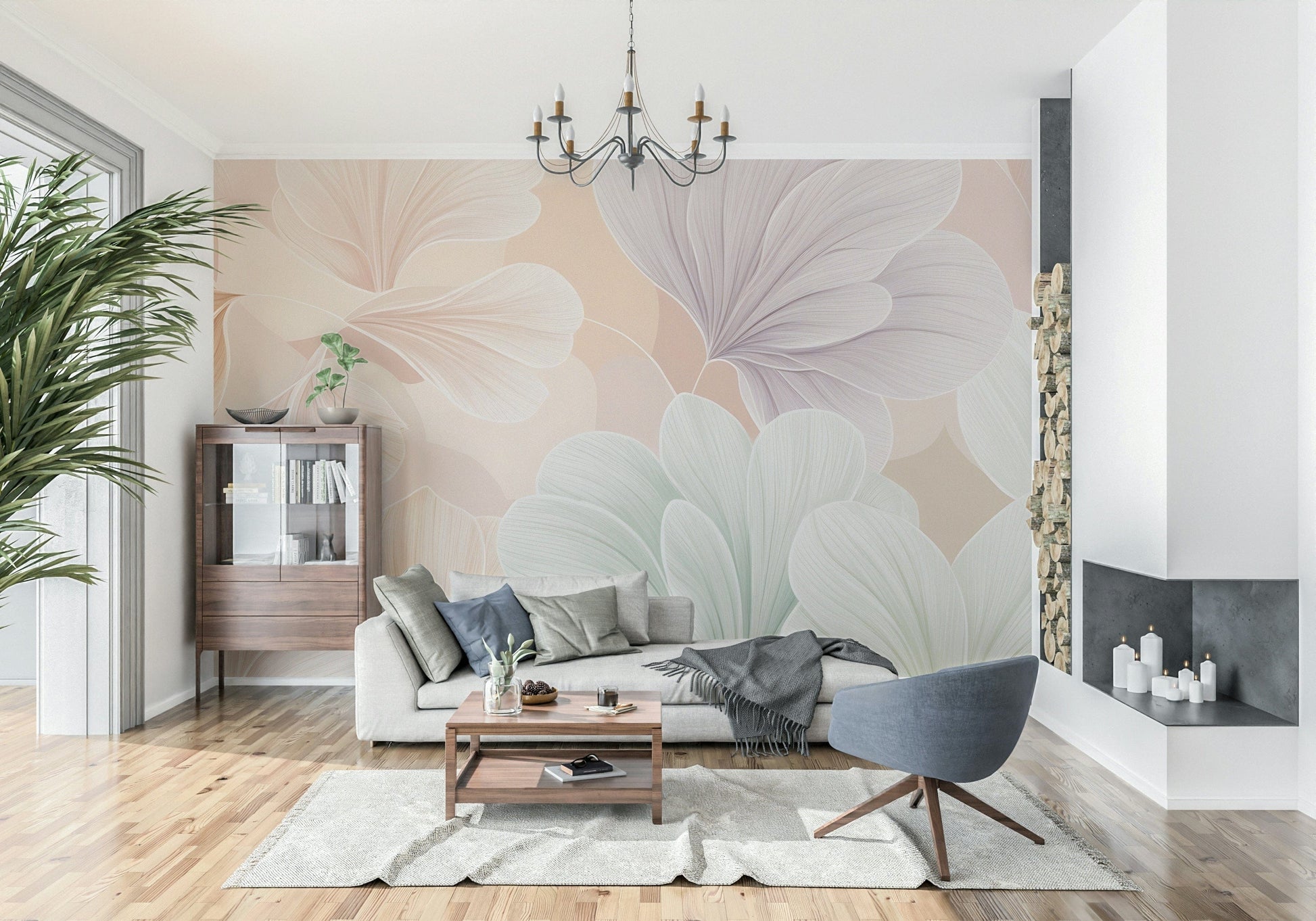 Vintage Botanical Mural in a coastal style bedroom.