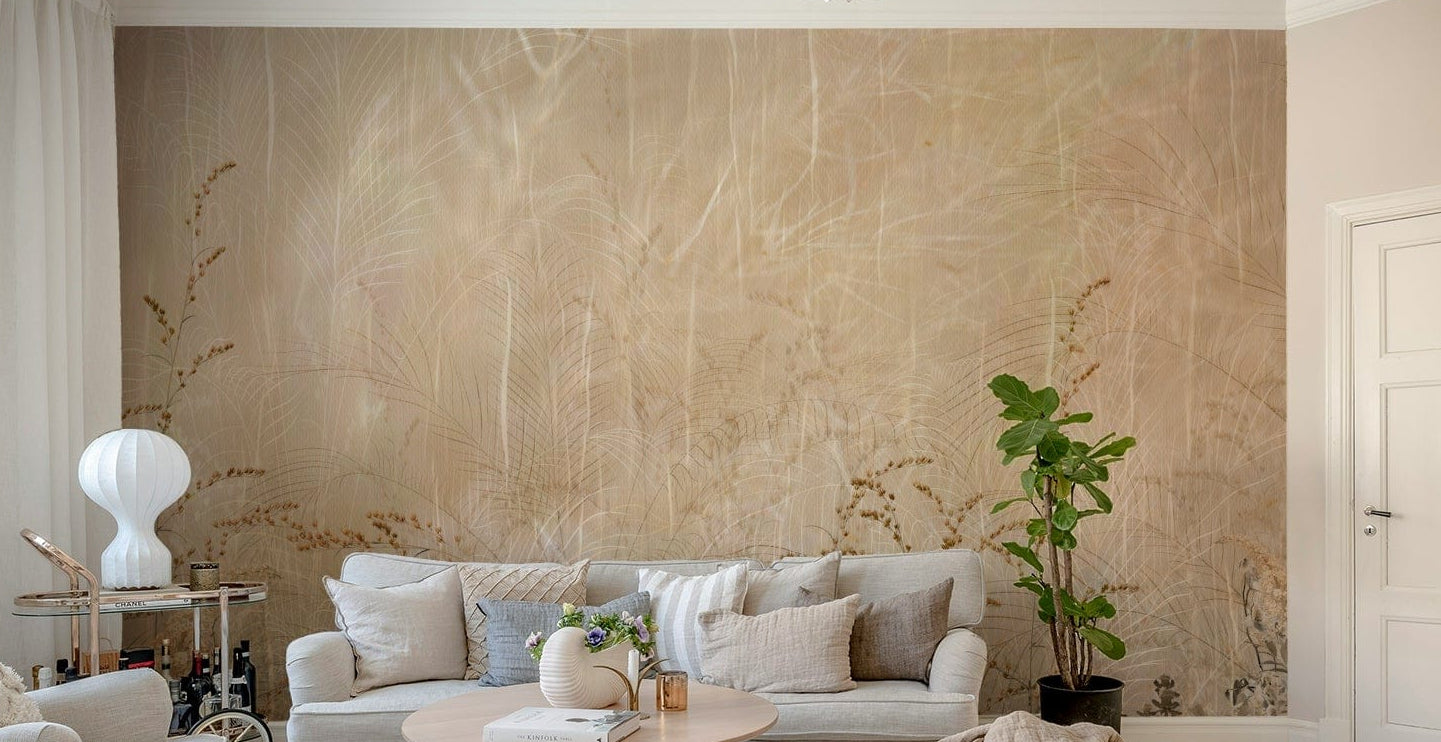 A peaceful wall mural with a field of meadow flowers.

