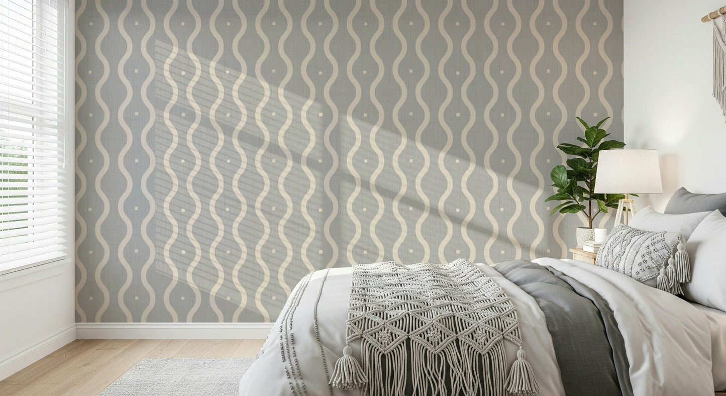 Elegant interior wallpaper, undulating stripes, calming neutral palette.