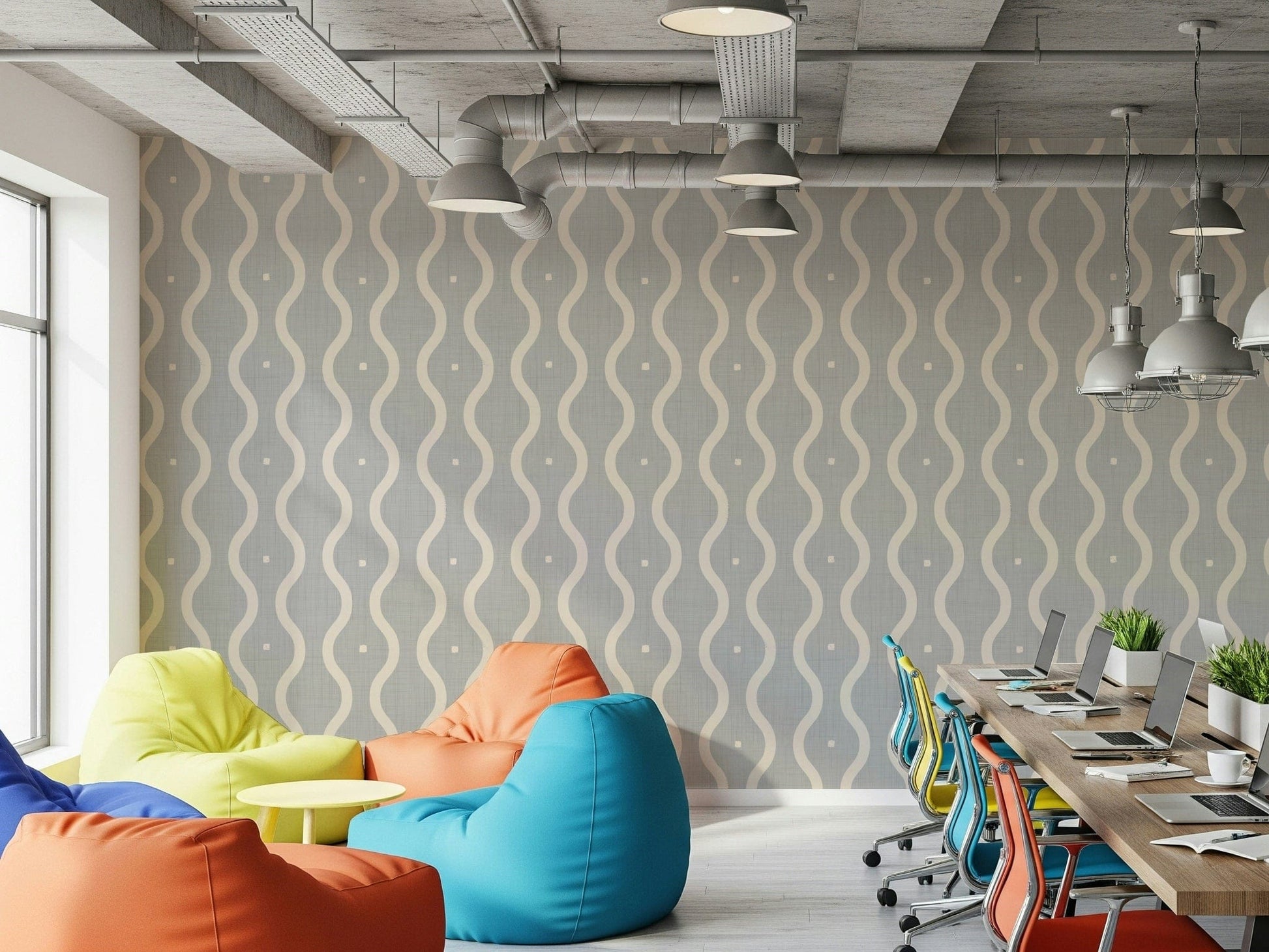 Textured wall mural, creamy wavy bands, understated sophistication.