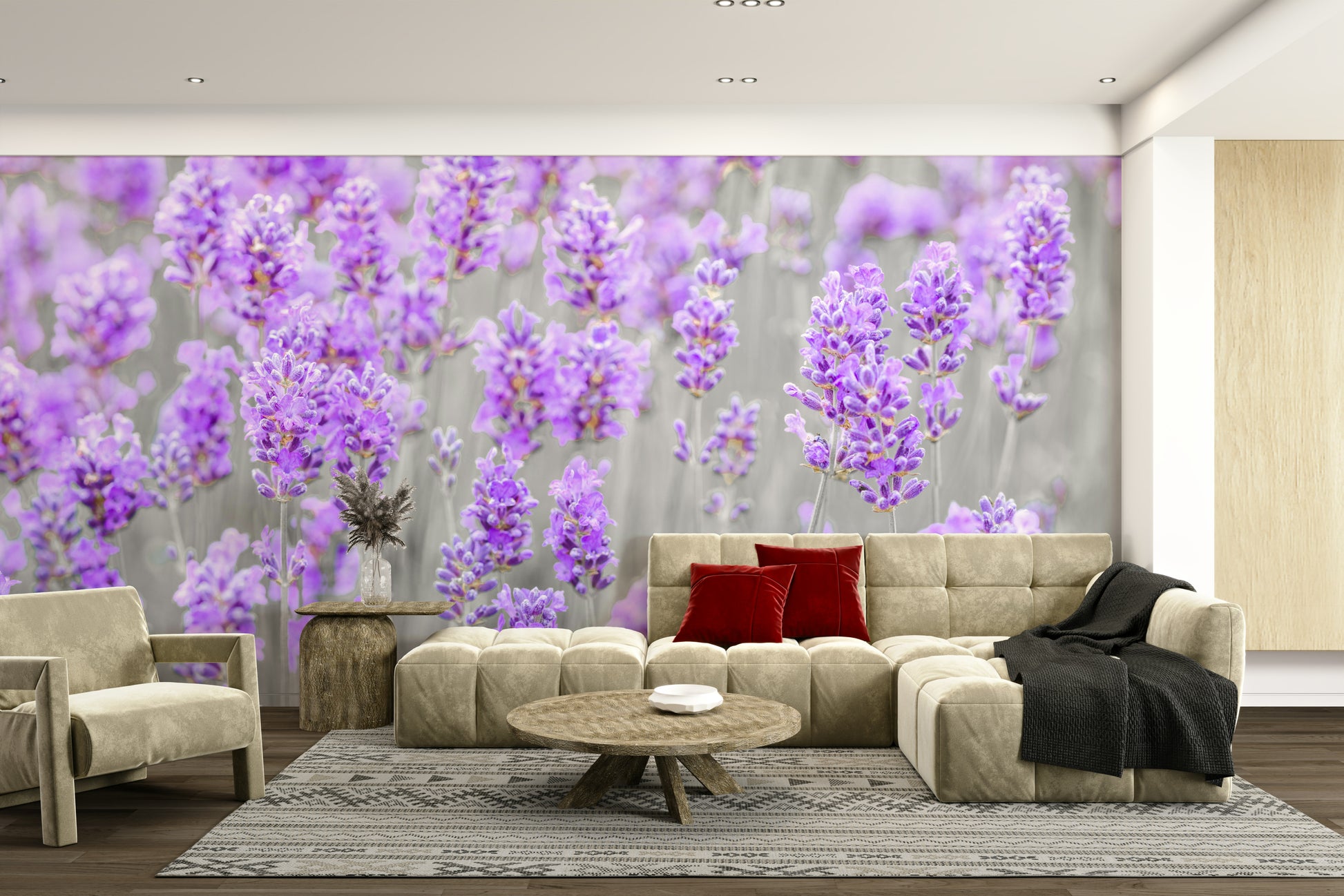 The mural shows a peaceful field of lavender.

