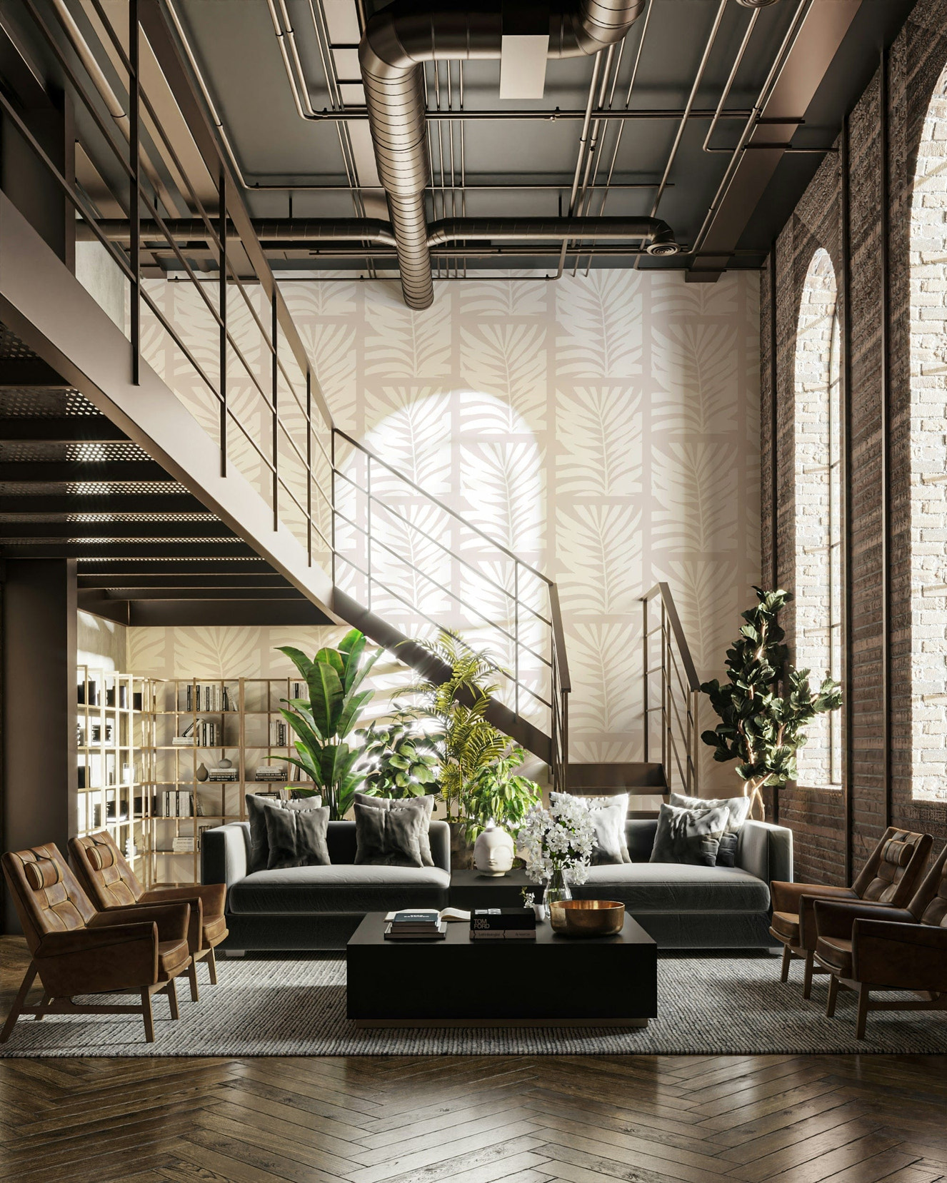 A peaceful wall mural with a soft, botanical scene.

