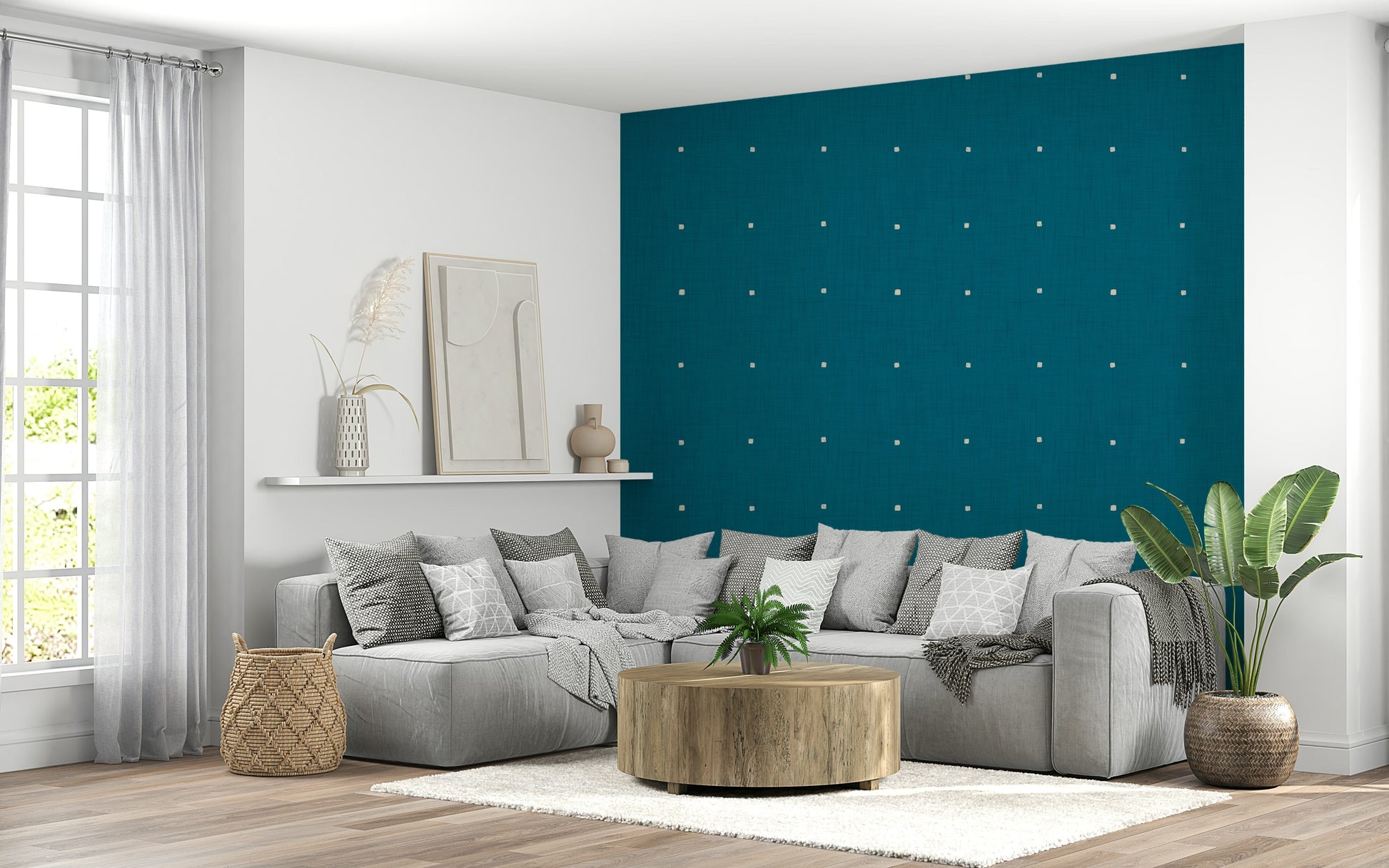 Vibrant teal fabric look wall mural small marks.