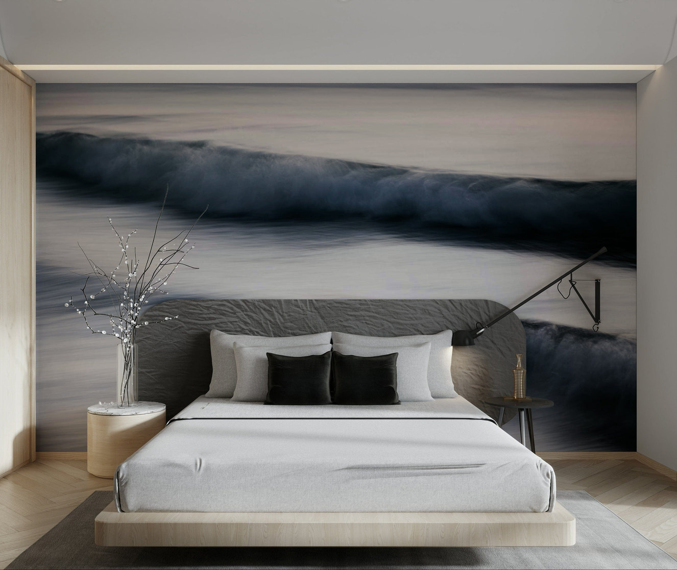 A graceful subtle pattern wall mural in cool, natural tones.

