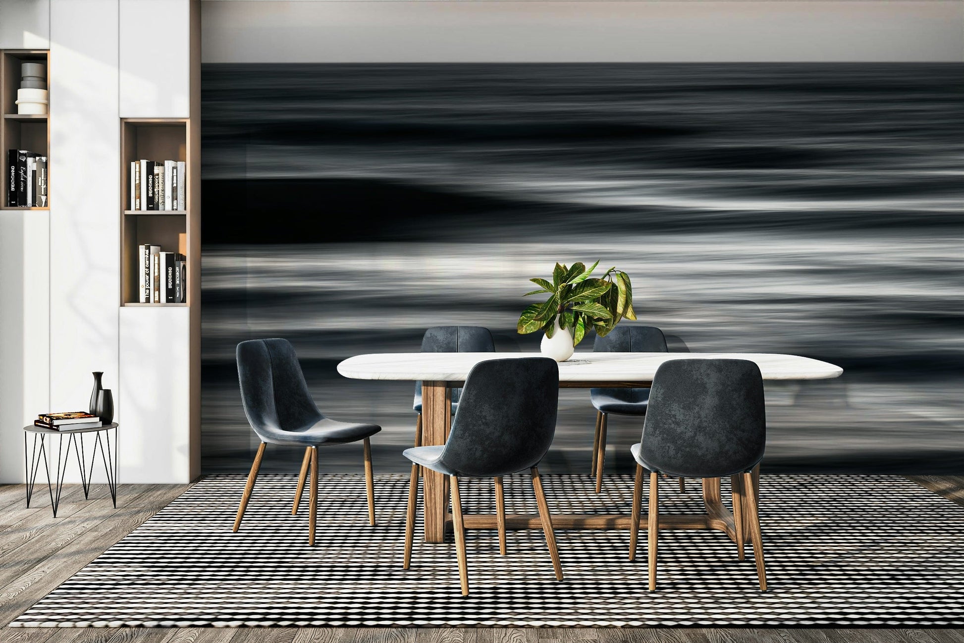 A minimalist home office with the abstract wave wallpaper.

