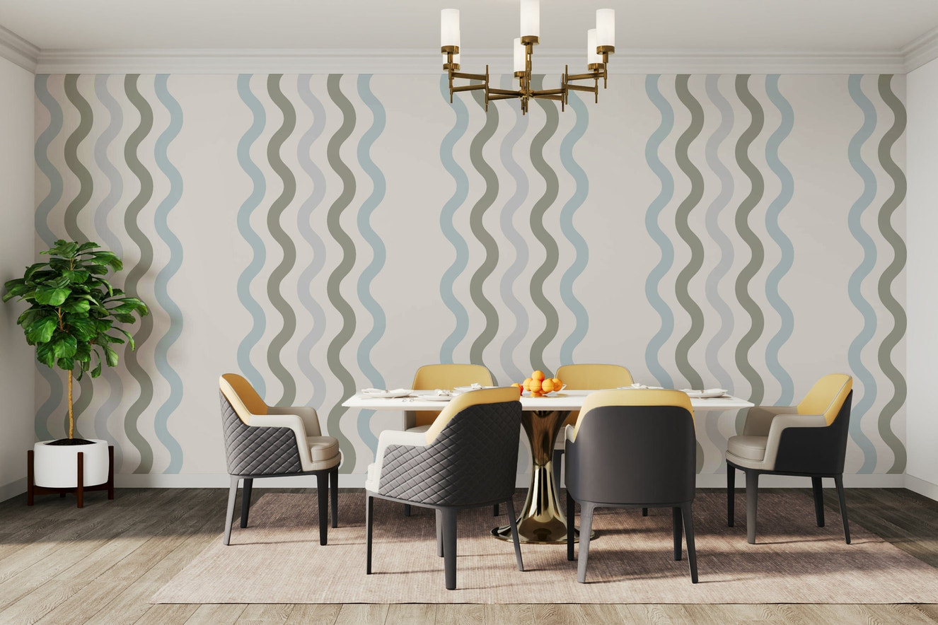 A peaceful wall mural with a modern, flowing design.

