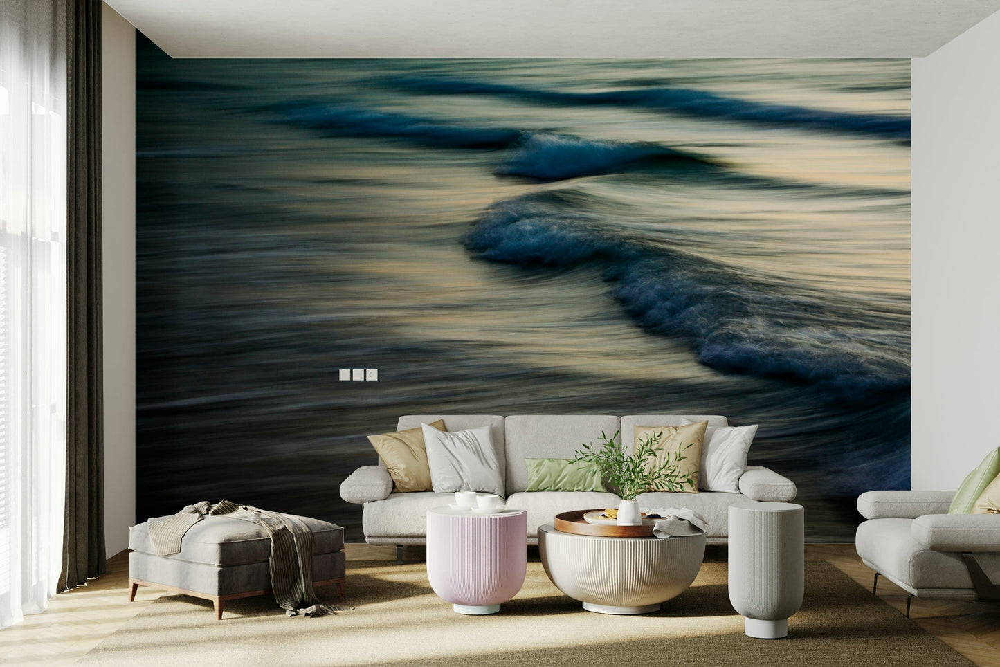 A peaceful open ocean mural on decorative wallpaper.

