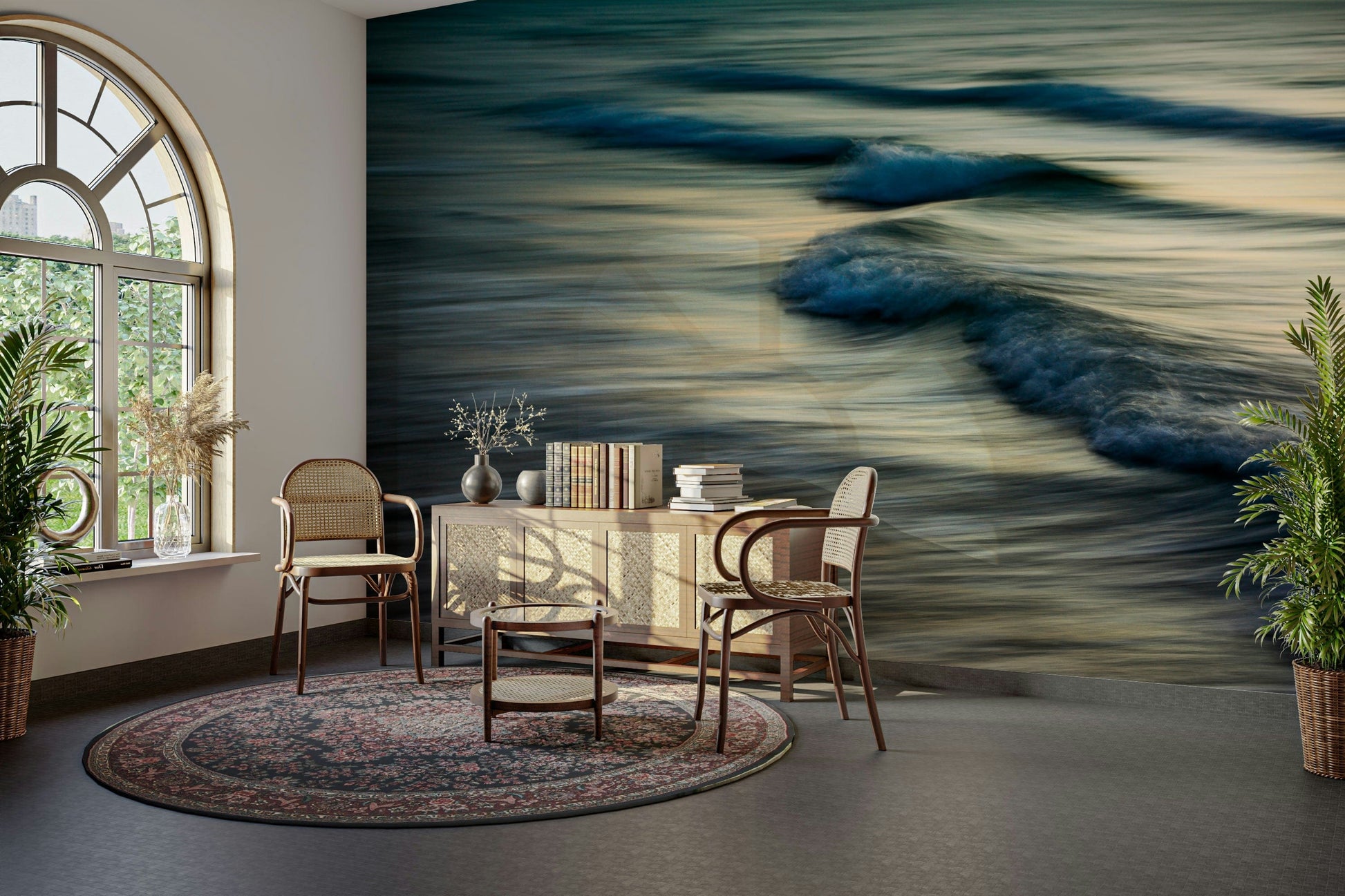 A contemplative wave texture wallpaper mural for a feature wall.

