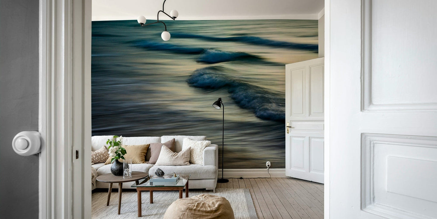 An artistic coastal scene mural on minimalist wallpaper.

