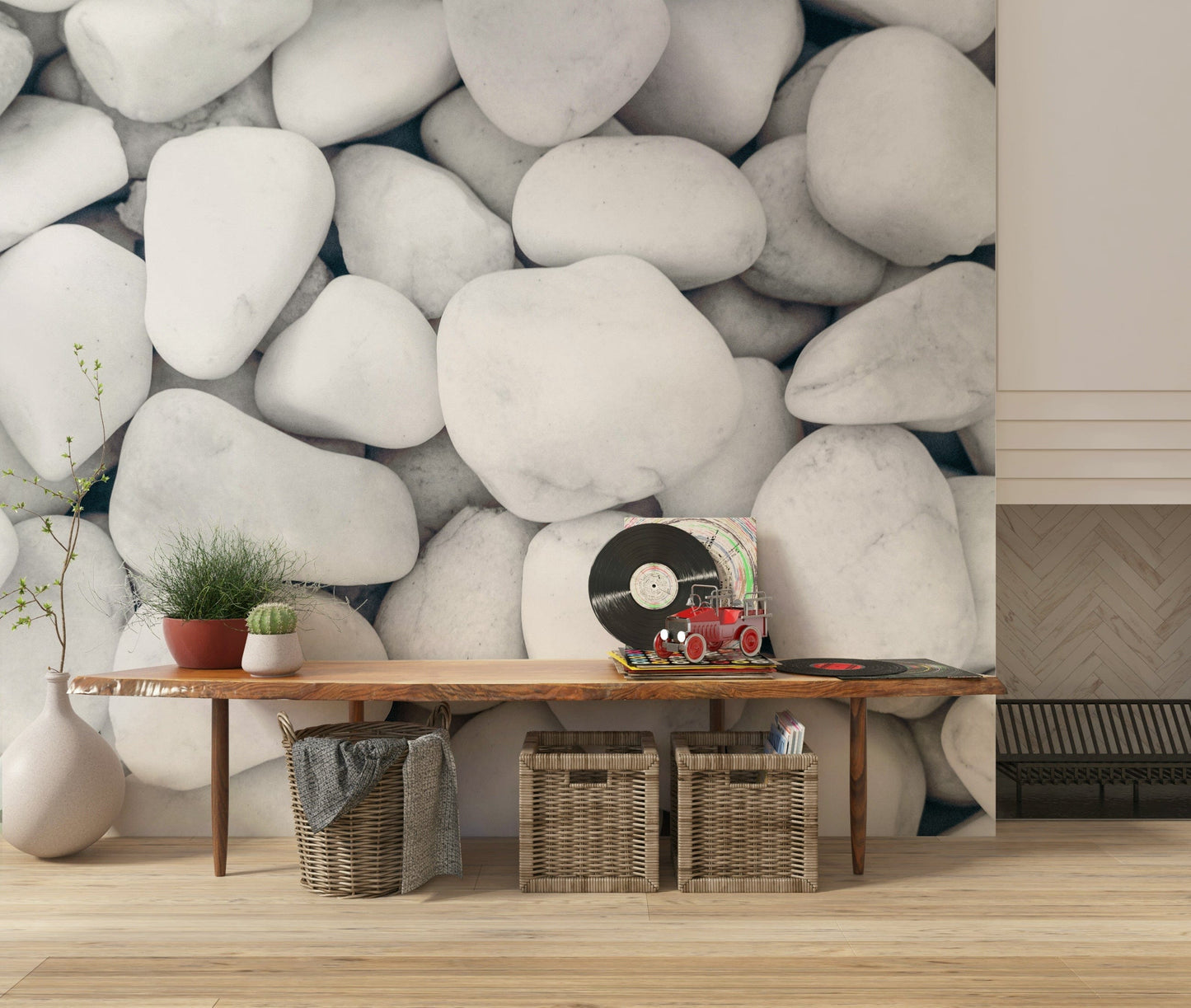 Organic-inspired wall mural featuring white pebbles for contemporary, serene decor.