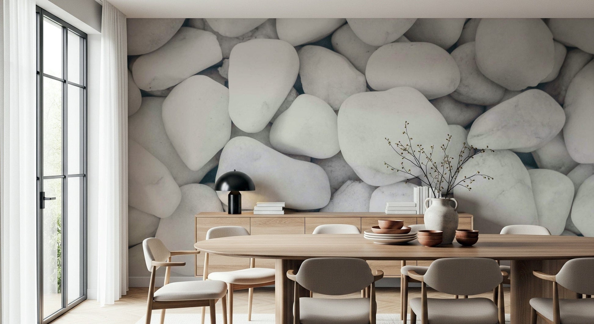 Smooth white pebble wallpaper evoking calm, peaceful, and modern home vibes.