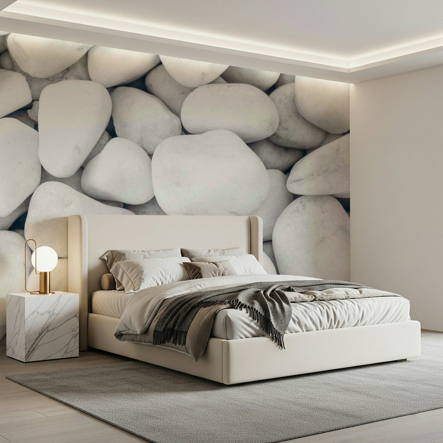 White stone wall covering with realistic pebble textures for modern interiors.