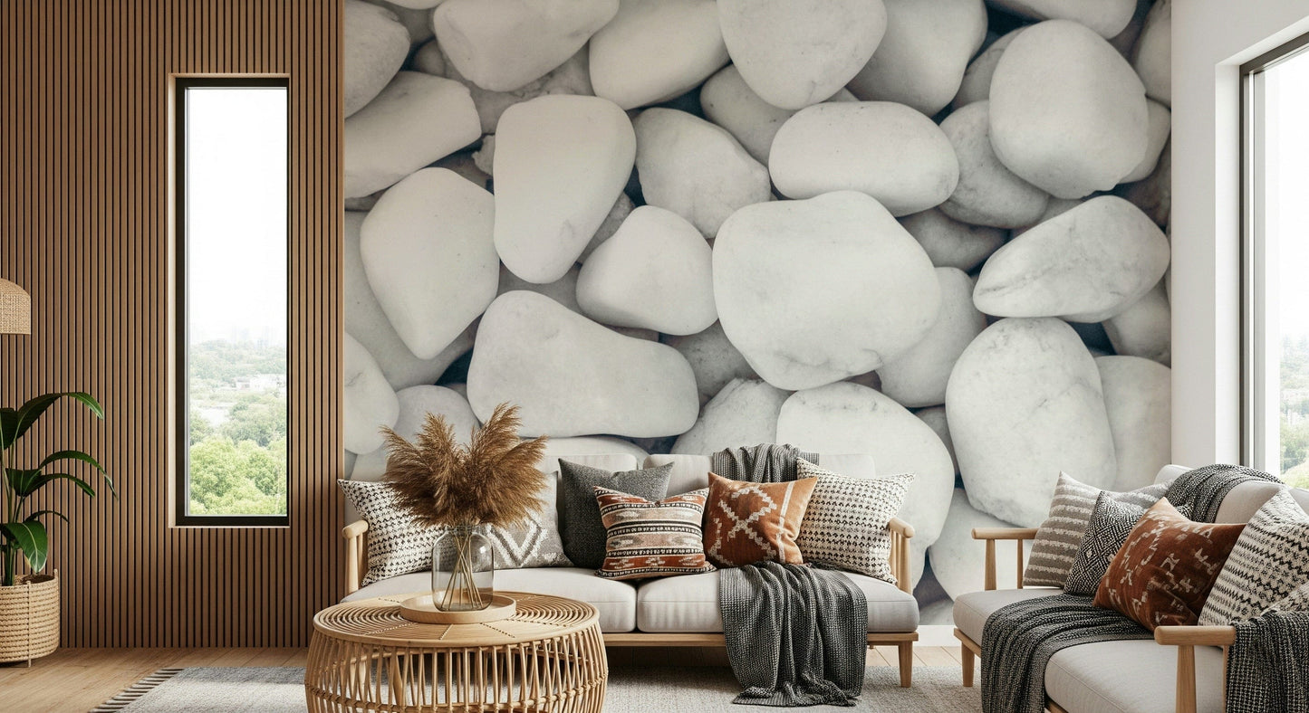 White Pebble Dream Wall Mural featuring smooth white pebbles for a serene, natural look.