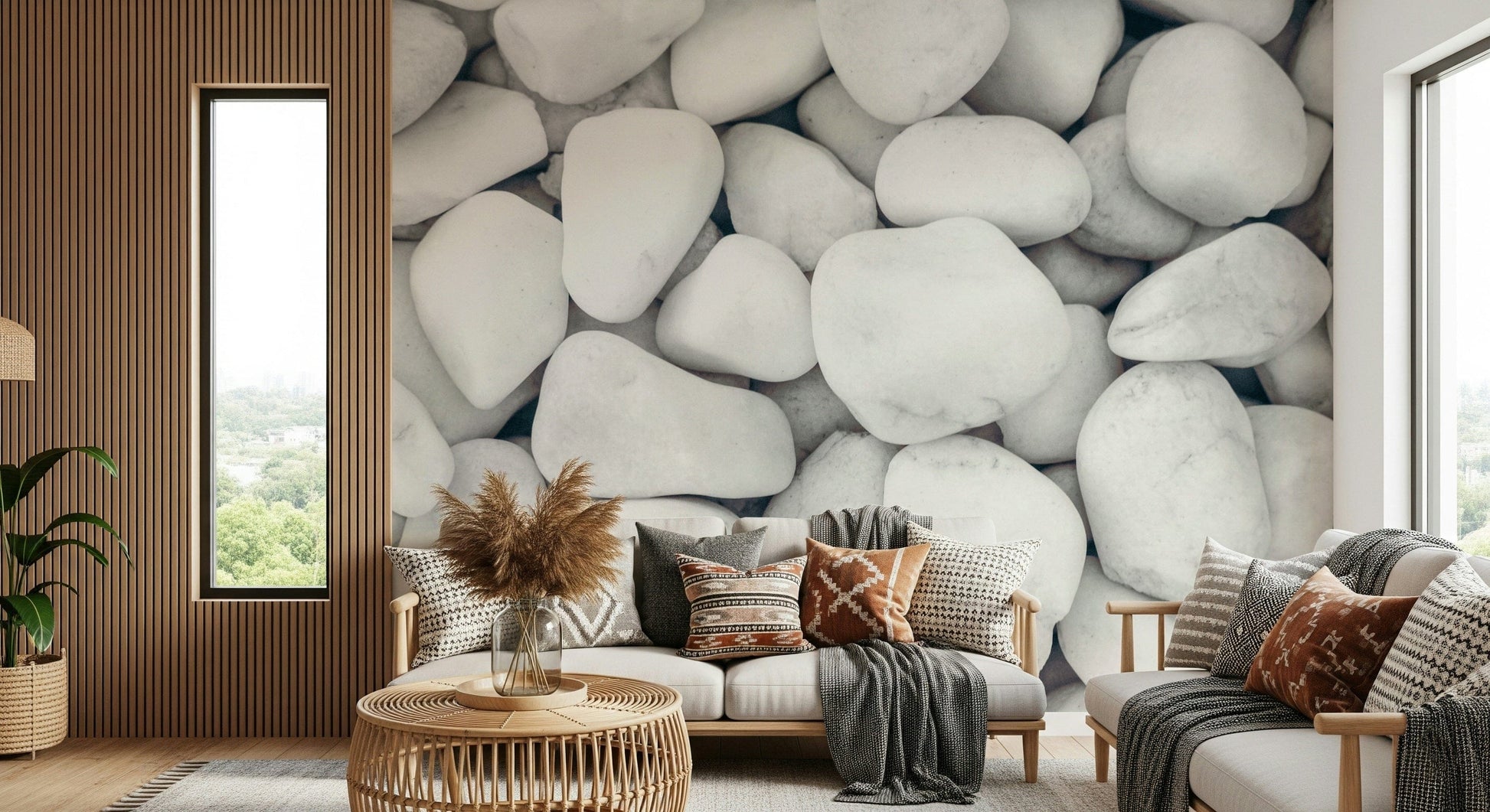 White Pebble Dream Wall Mural featuring smooth white pebbles for a serene, natural look.