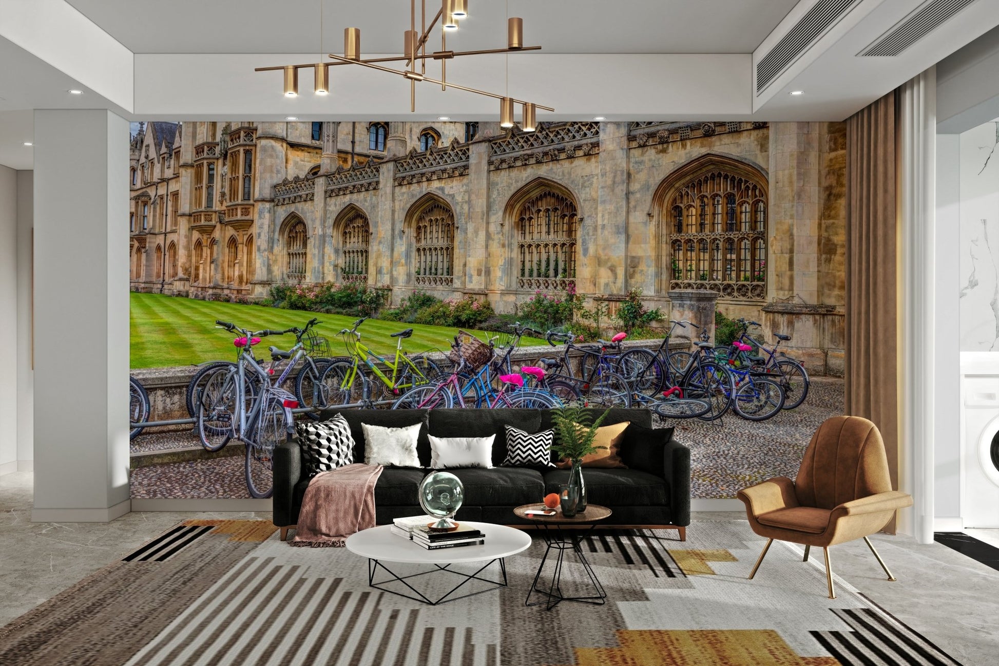 The room feels cozy and intellectual due to the classic landscape.

