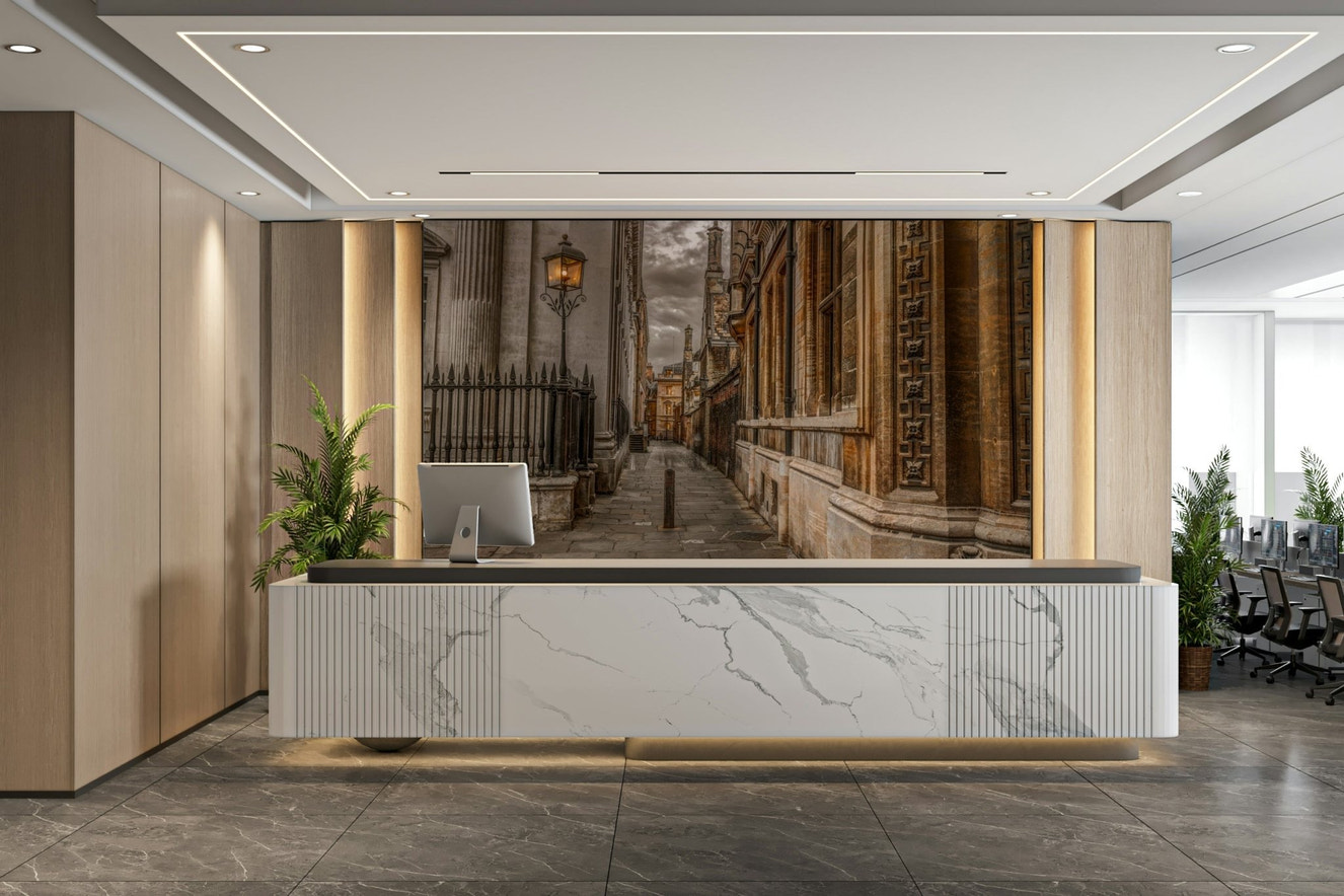 Cambridge Lane Wall Mural with classic cobblestone street and lamppost.

