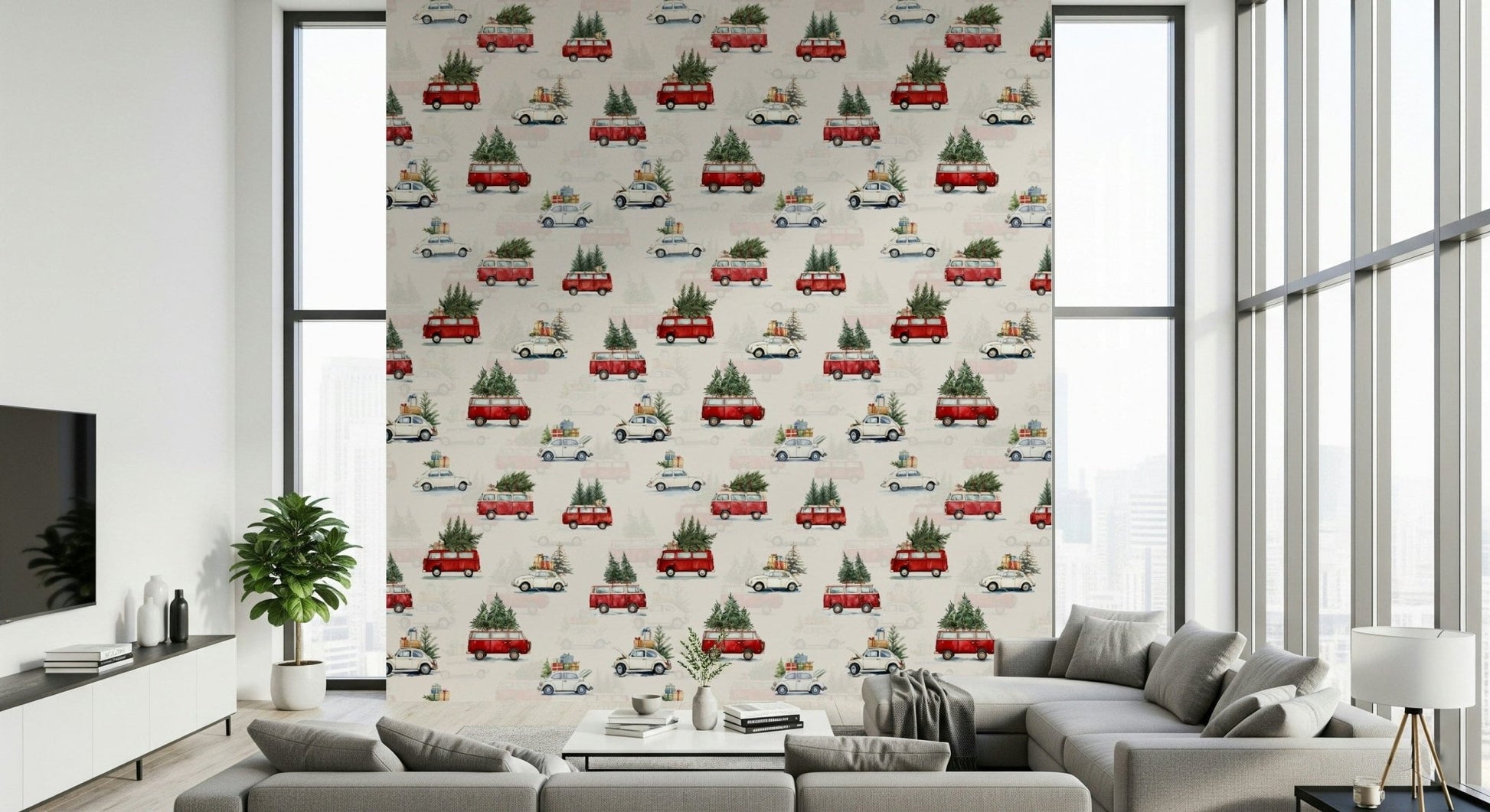 Retro transport-themed wallpaper with hand-drawn mini truck illustrations in soft tones.