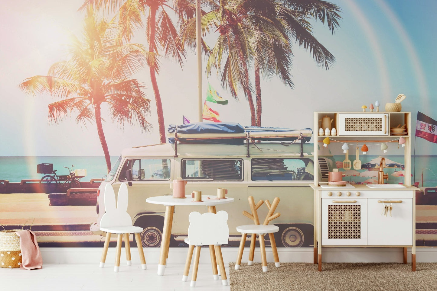 Camper van wall mural creating a fun and free-spirited vibe.


