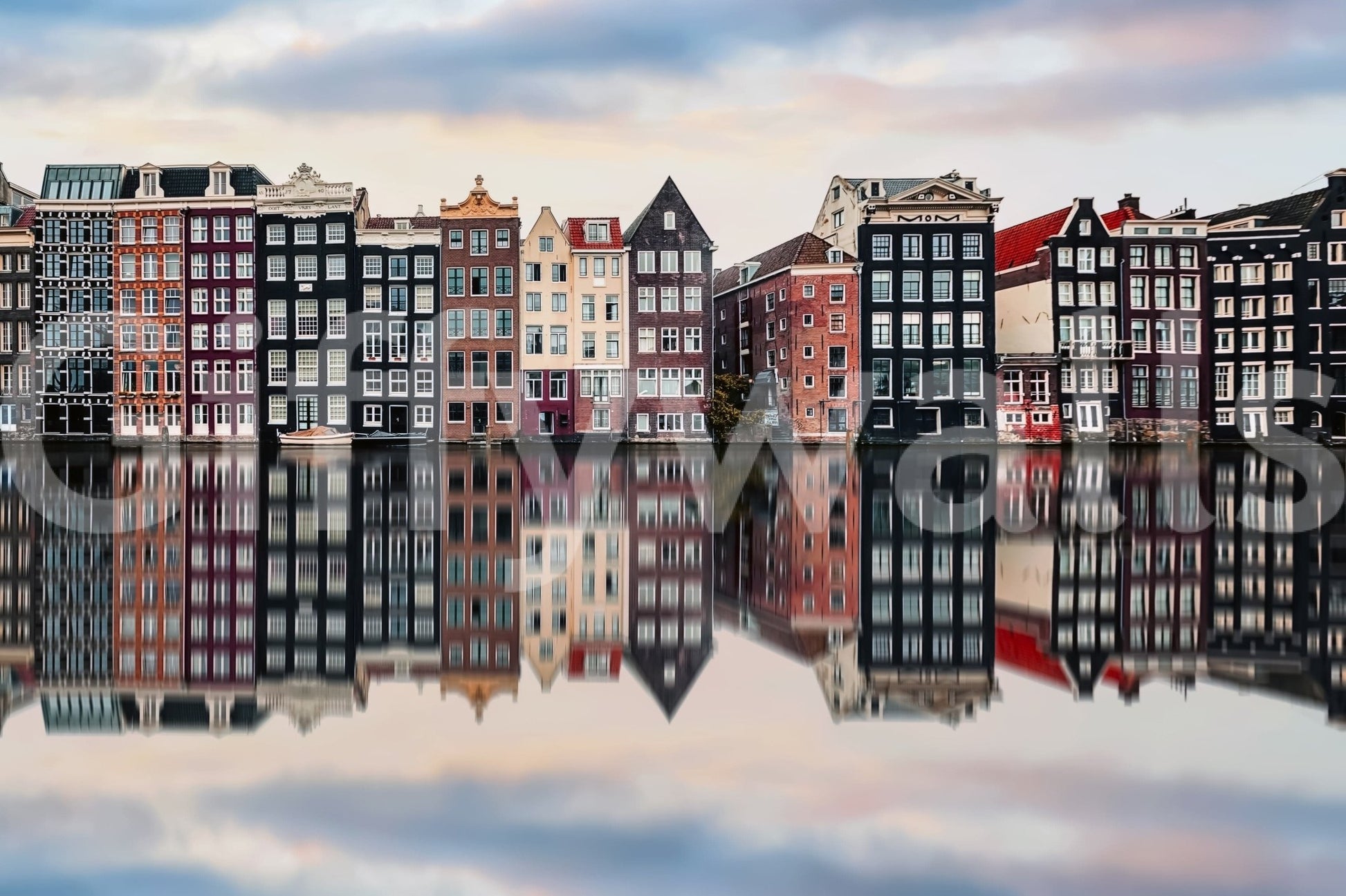 Canal City Calm Wall Mural with gentle lighting over canal, soothing city wallpaper for lounge