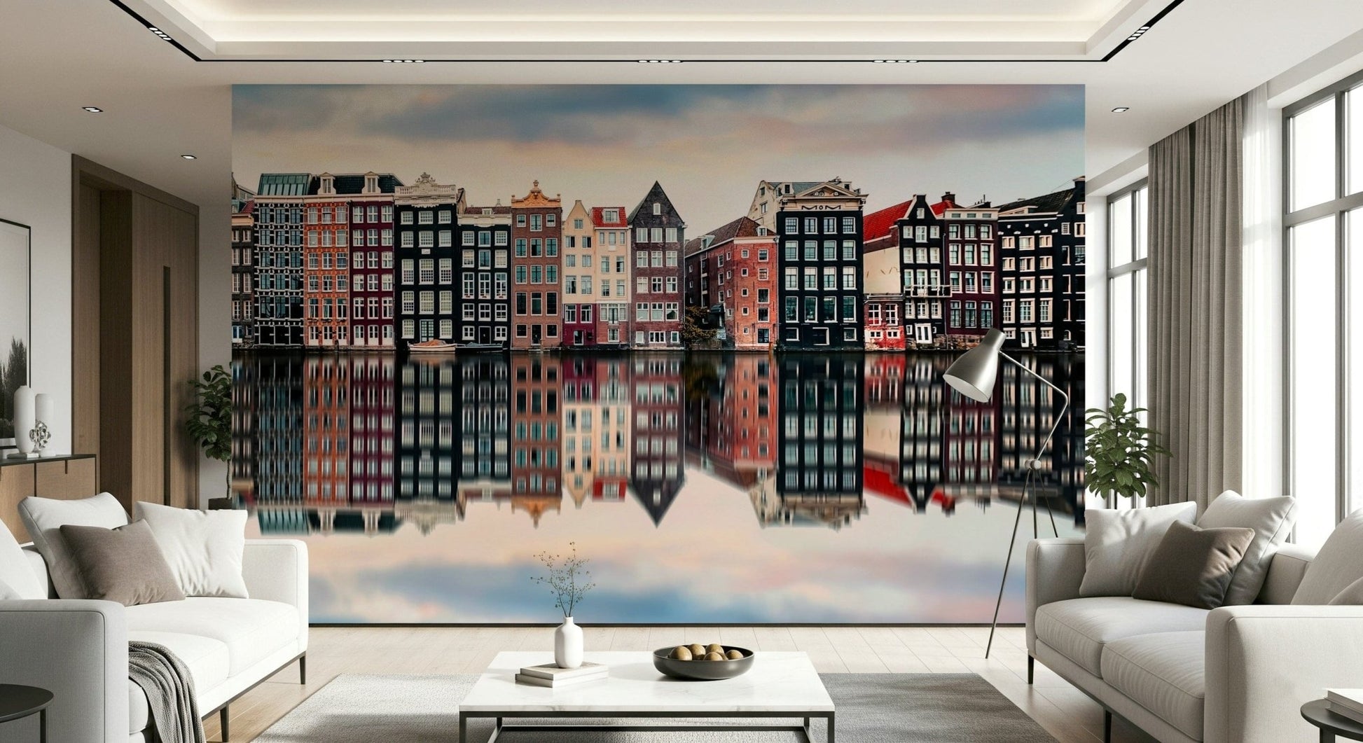Canal City Calm Wall Mural featuring calm waterfront streets, timeless city wallpaper style