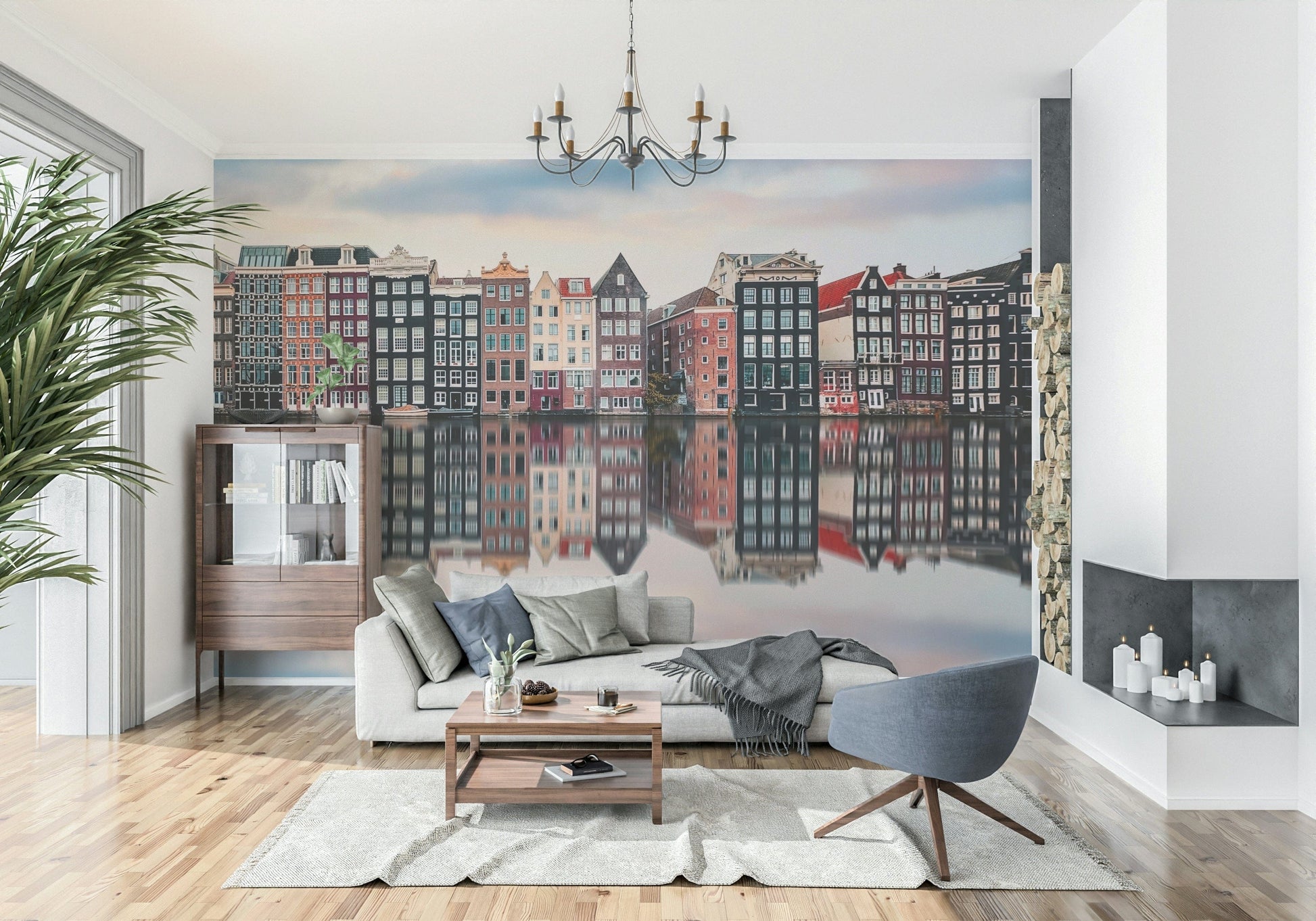 Canal City Calm Wall Mural in neutral palette, relaxing city wallpaper for reading corner