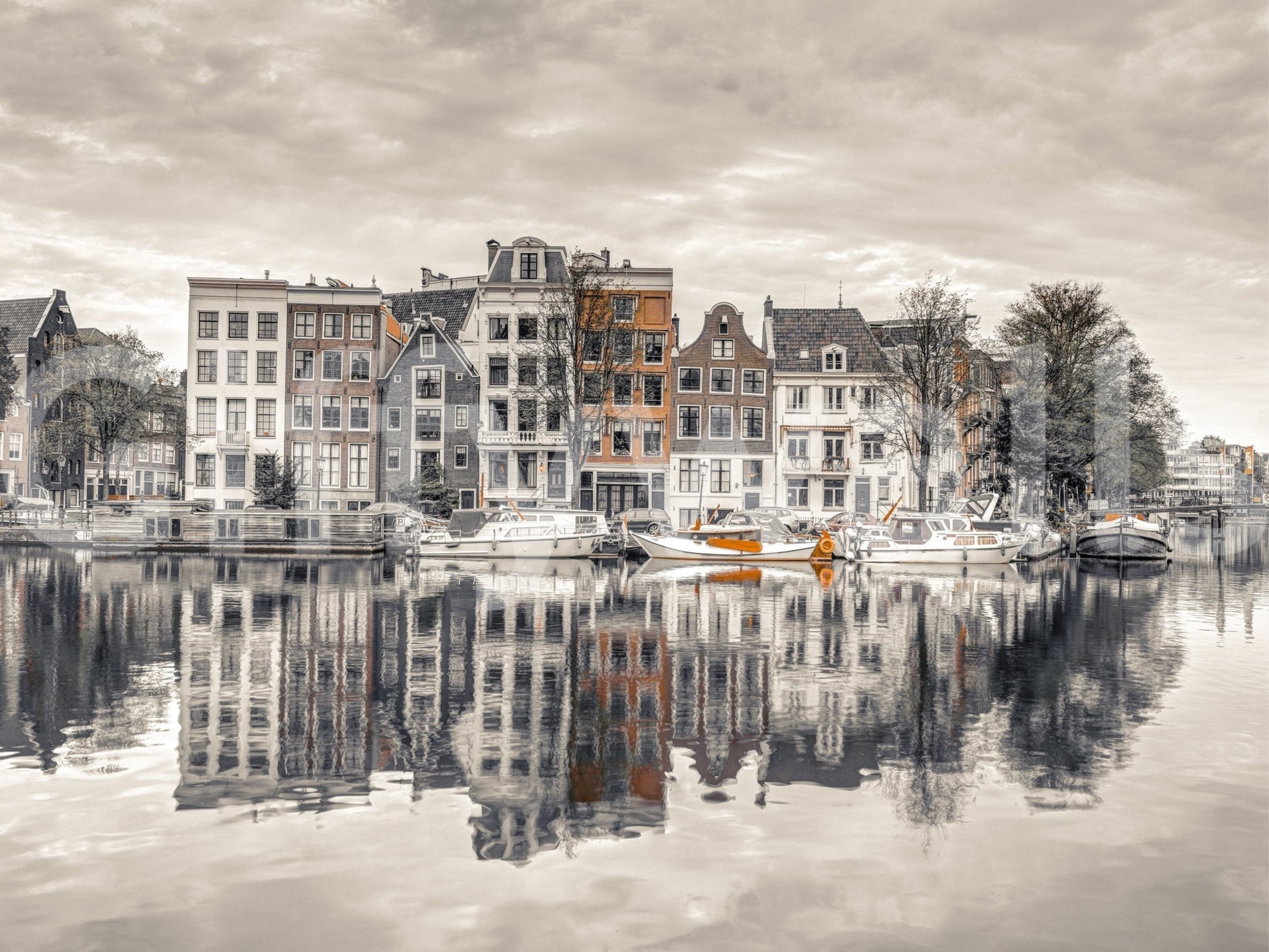 Canal Harmony wallpaper mural close-up showing sepia gabled Amsterdam canal houses and moored boats mirrored in calm water
